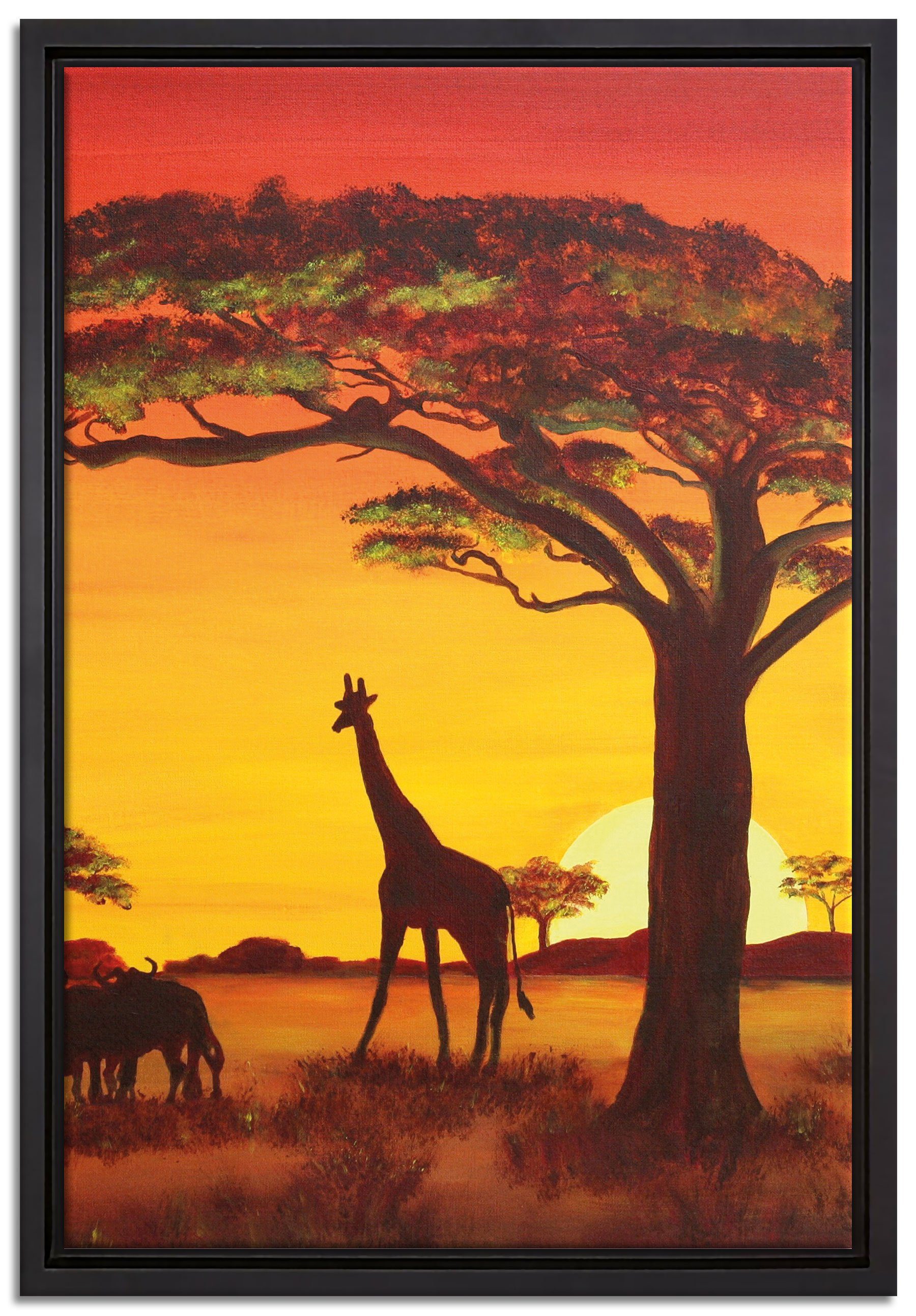 Pixxprint Leinwandbild Savanne mit Wildtieren, Wanddekoration (1 St), Leinwandbild fertig bespannt, in einem Schattenfugen-Bilderrahmen gefasst, inkl. Zackenaufhänger