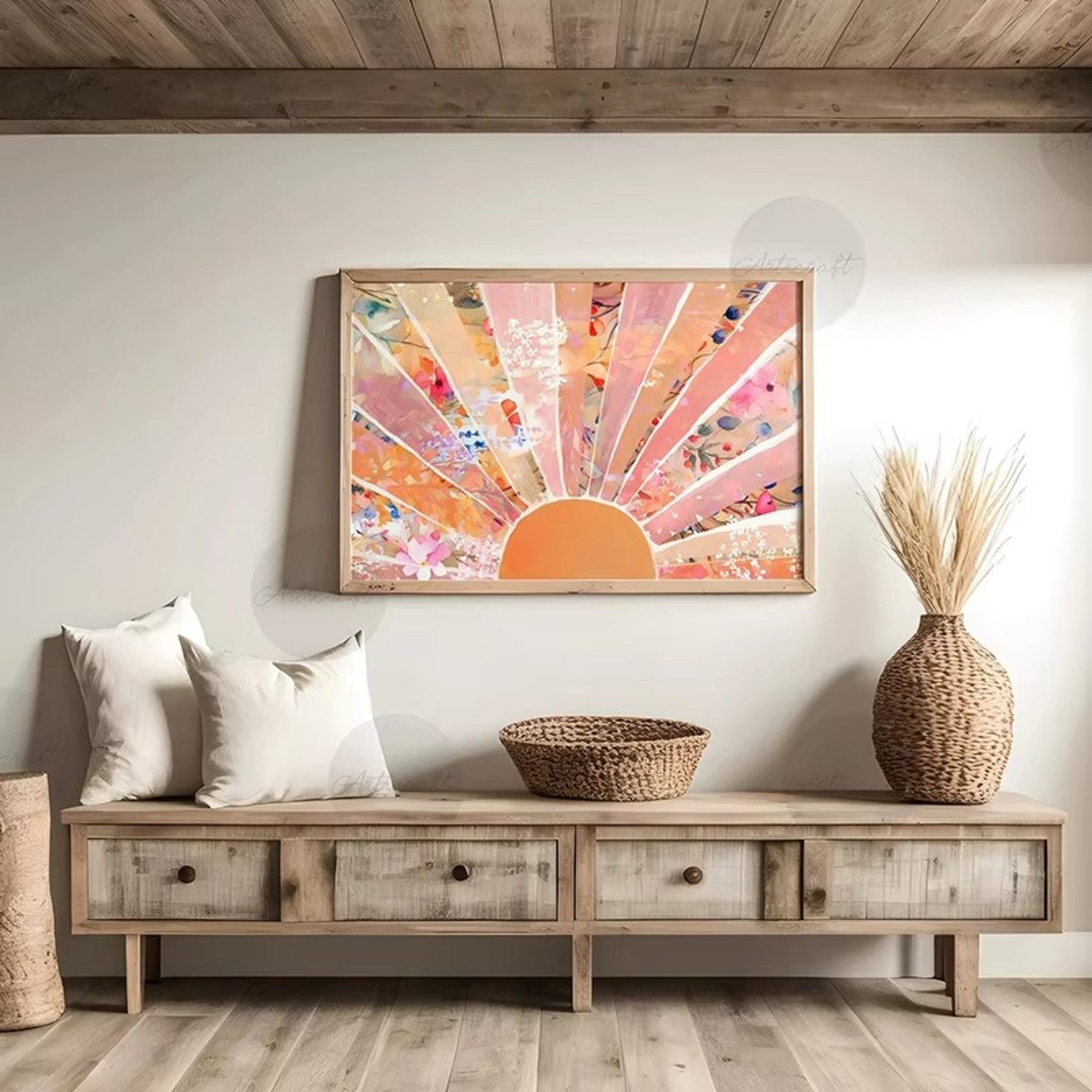 TPFLiving Kunstdruck OHNE RAHMEN, Boho-Sonnen-Druck, Boho-Orange - (Leinwandbild XXL), Farben: Farben: pink, orange -Größe: 21x30cm