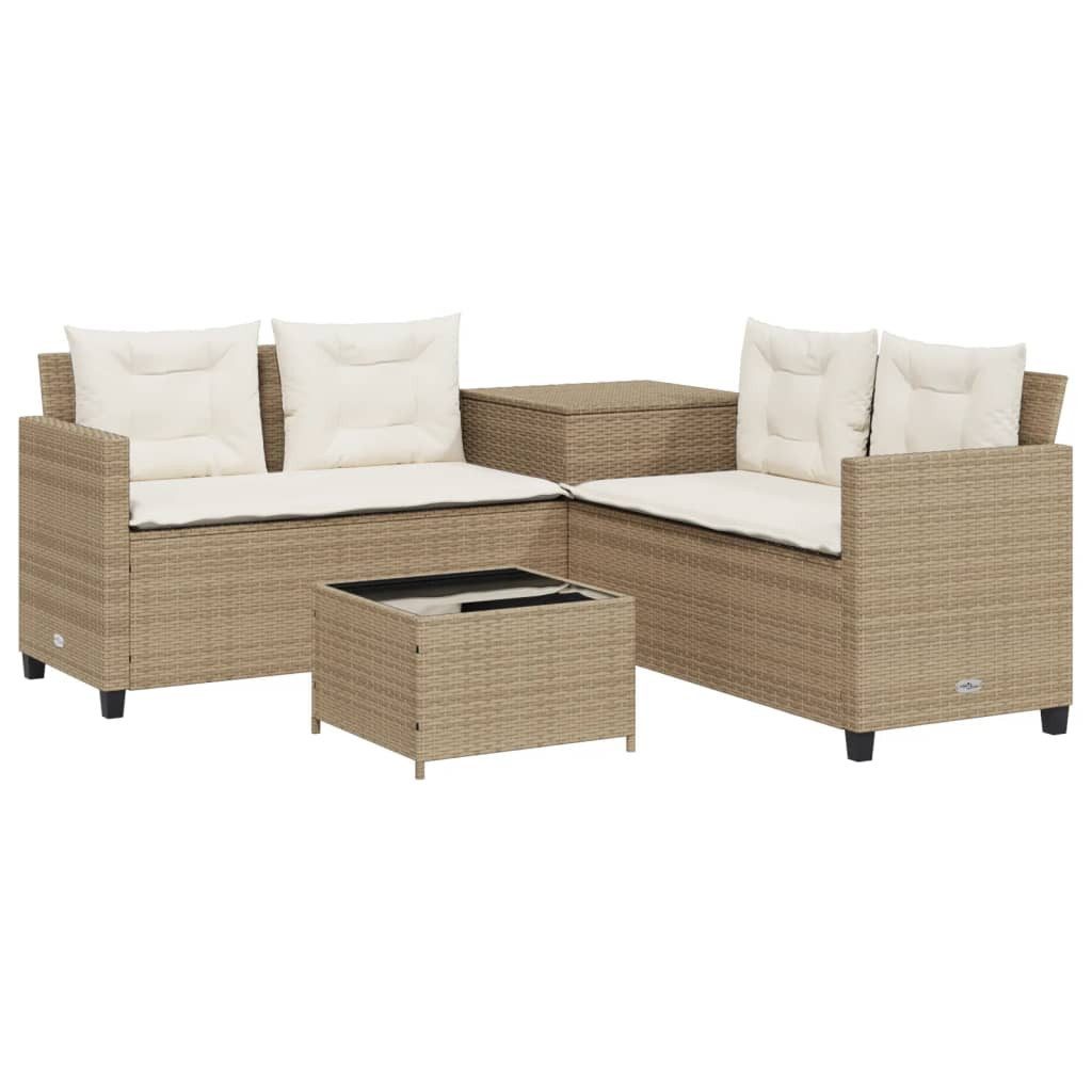 vidaXL Gartenlounge-Set Gartensofa in L-Form mit Tisch und Kissen Beige Poly Rattan, (1-tlg)
