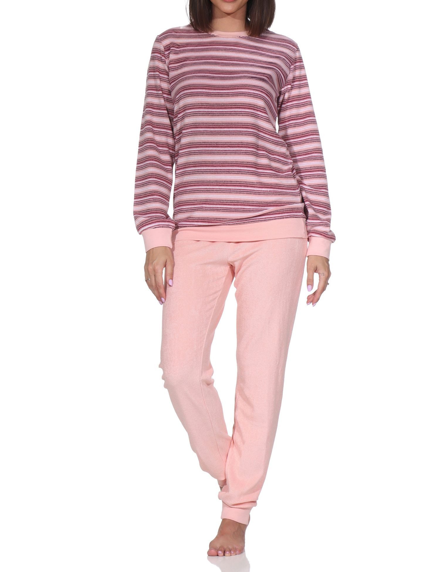 Pyjama Damen Frottee Schlafanzug mit Bündchen Pyjama in Streifendesign