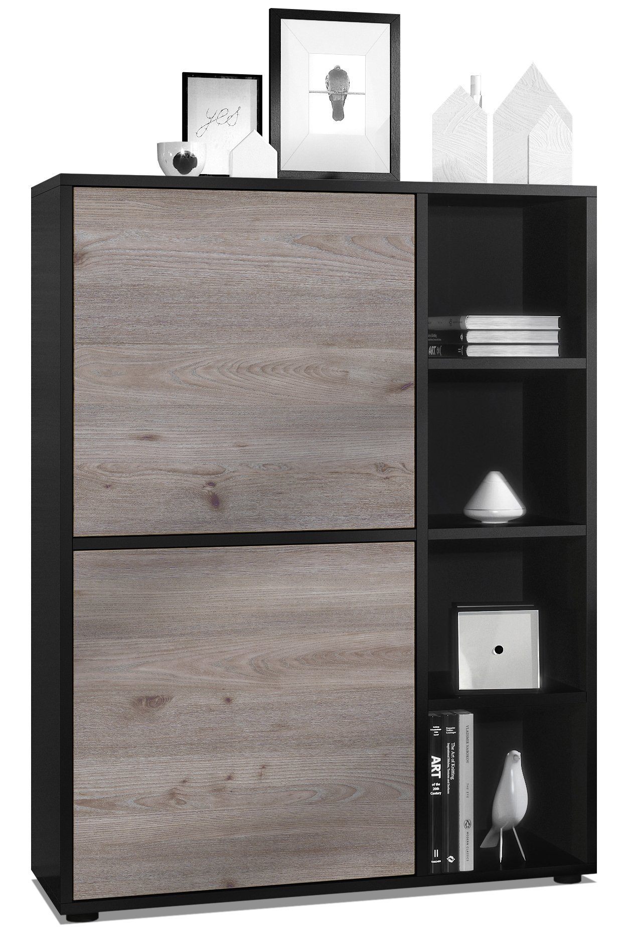 Vladon Highboard Cuba (Anrichte, mit 2 Türen und 4 offene Fächer), Schwarz matt/Eiche Nordic (79 x 105,5 x 35,5 cm)