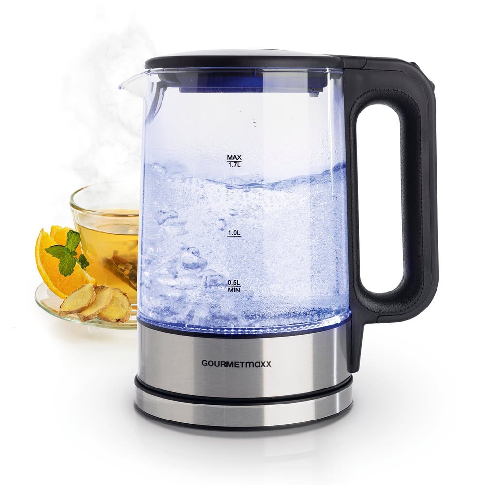 GOURMETmaxx Wasserkocher Glas 1,7 Liter mit integrierter Beleuchtung, 2200 W, Leistungsstarker Boiler mit Abschaltfunktion & Kalkfilter [Silber]