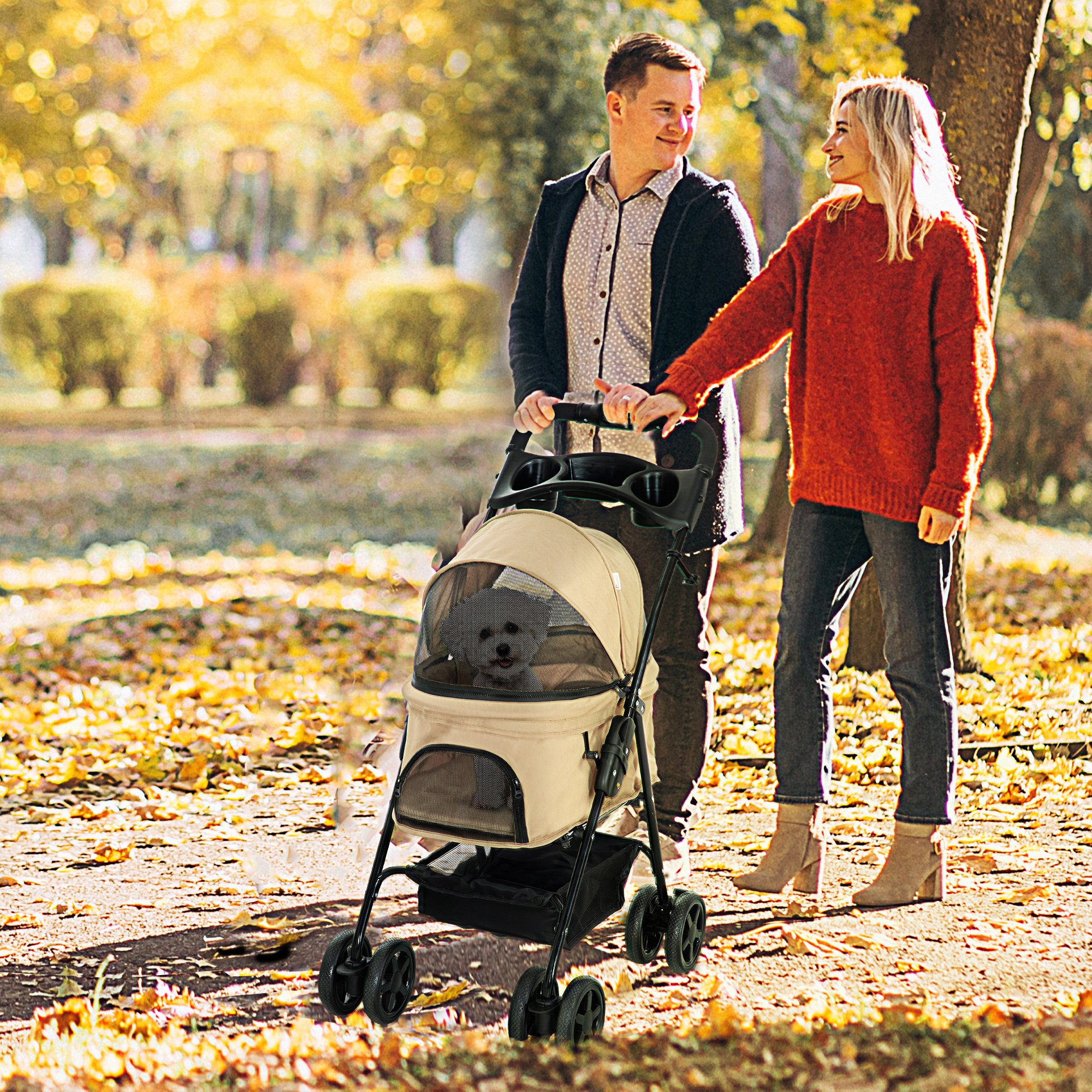 PawHut Hundebuggy mit Klappfunktion, (Haustierwagen, 1-tlg), für kleine Hunde und Katzen, Oxford Khaki 67 x 45 x 96 cm