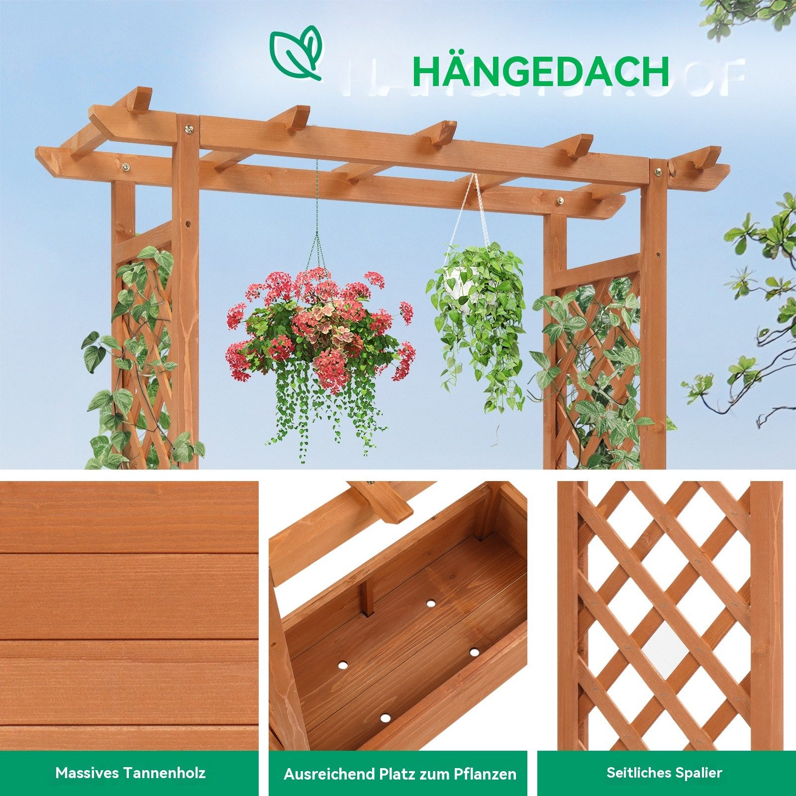 LALAHO Hochbeet Blumenkasten mit Rankhilfe Ablauflöchern, hängendes Dach, für Garten, Balkon, Terrasse, 110 x 45 x 113 cm – Bild 4 von 5