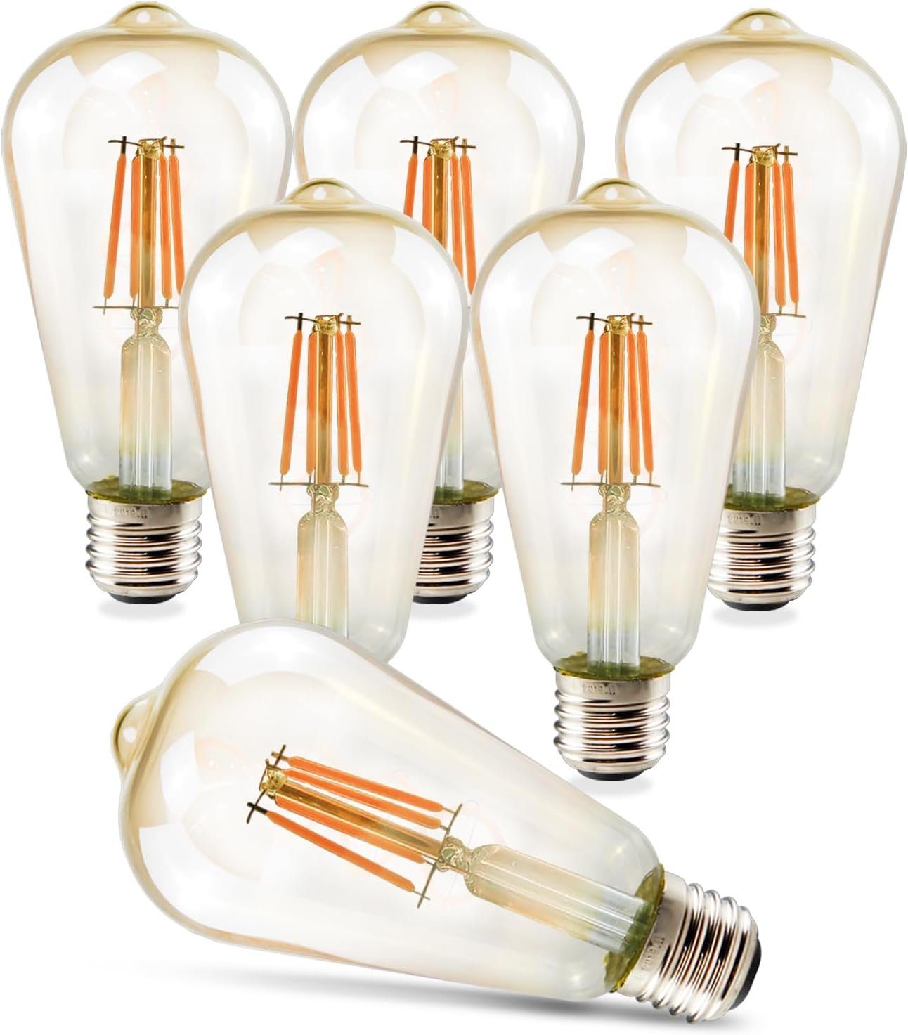 ZMH LED-Leuchtmittel E27 LED Lampe Glühbirne – Vintage Warmweiss Leuchtmittel Edison Birne, E27, 6 St., 2700k, 2700K Retro Beleuchtung Licht Gold Filament Glas