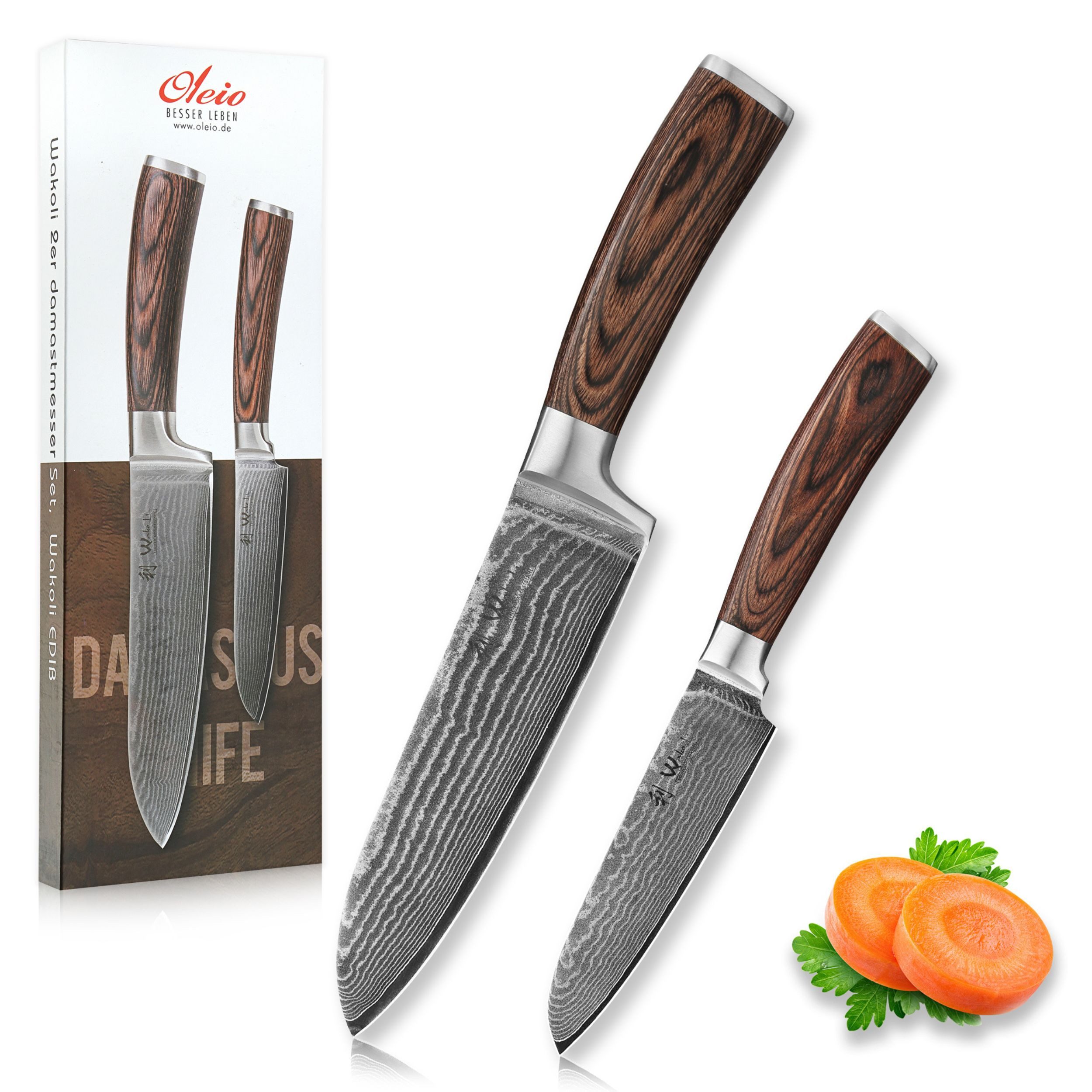 Wakoli Messer-Set EDIB Santoku Set I Kochmesser Küchenmesser-Set I 12 und 17cm Klingen (Damastmesser mit Geschenkbox, 2-tlg., 2er Damastmesser-Set), Aus 67 Lagen Damaststahl, VG10 Kern, Pakkaholzgriff, inkl. Geschenkbox