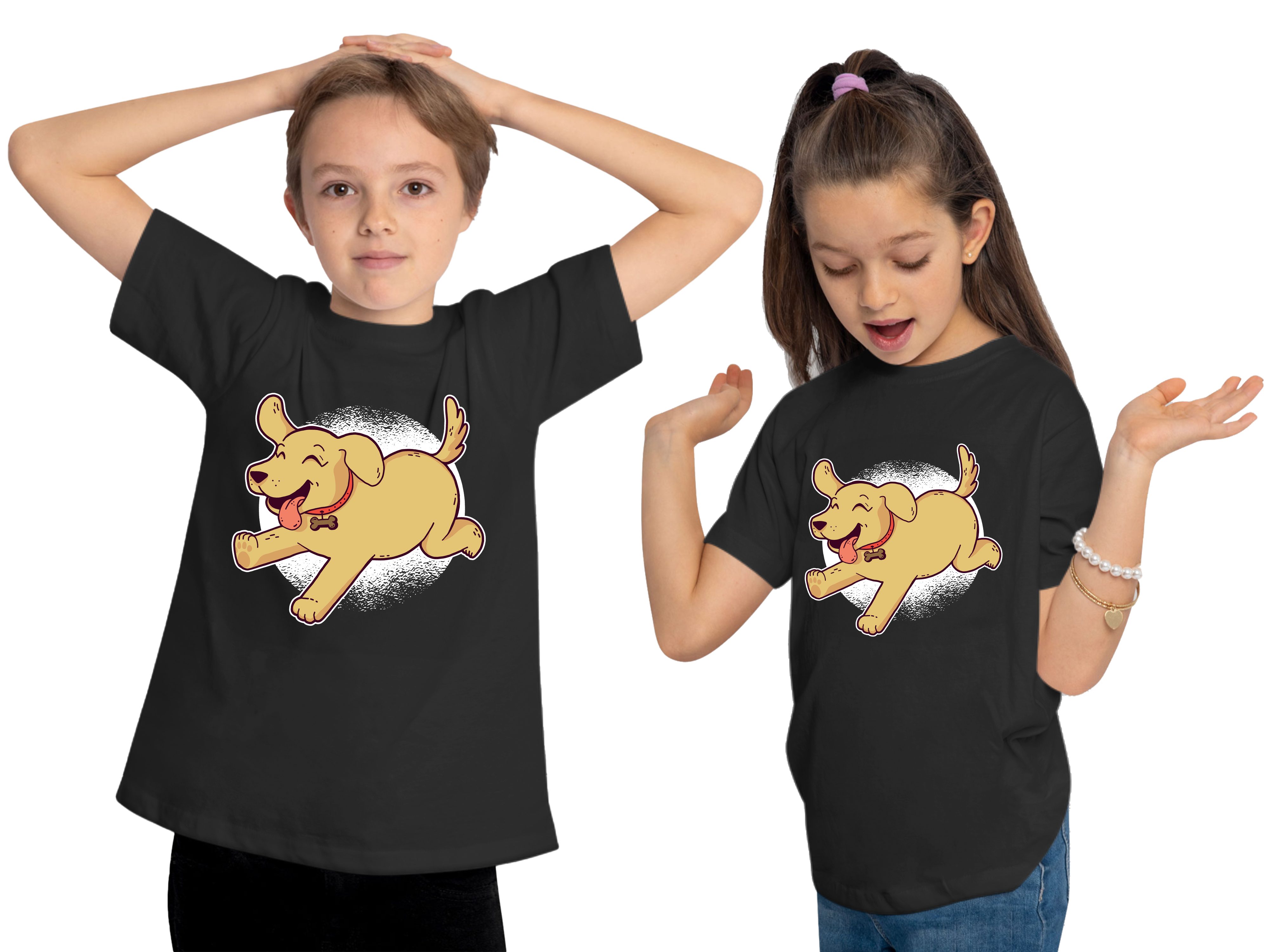 Kinder Spielender MyDesign24 Aufdruck, bedruckt Welpe Print T-Shirt Hunde mit i248 Baumwollshirt schwarz Labrador Shirt -
