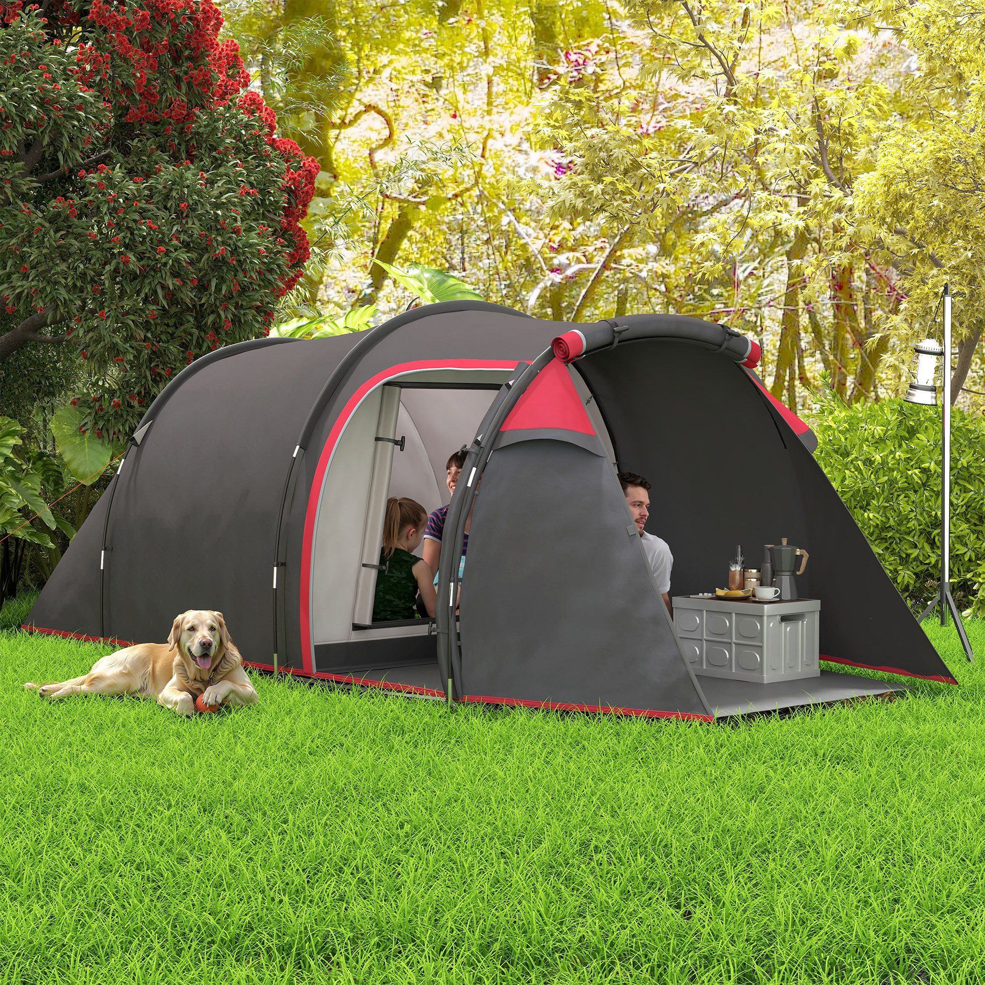 Outsunny Tunnelzelt für 2-3 Personen, Personen: 3 (Zelt, 1 tlg., Campingzelt), Glasfaser Polyester Grau 426 x 206 x 154 cm