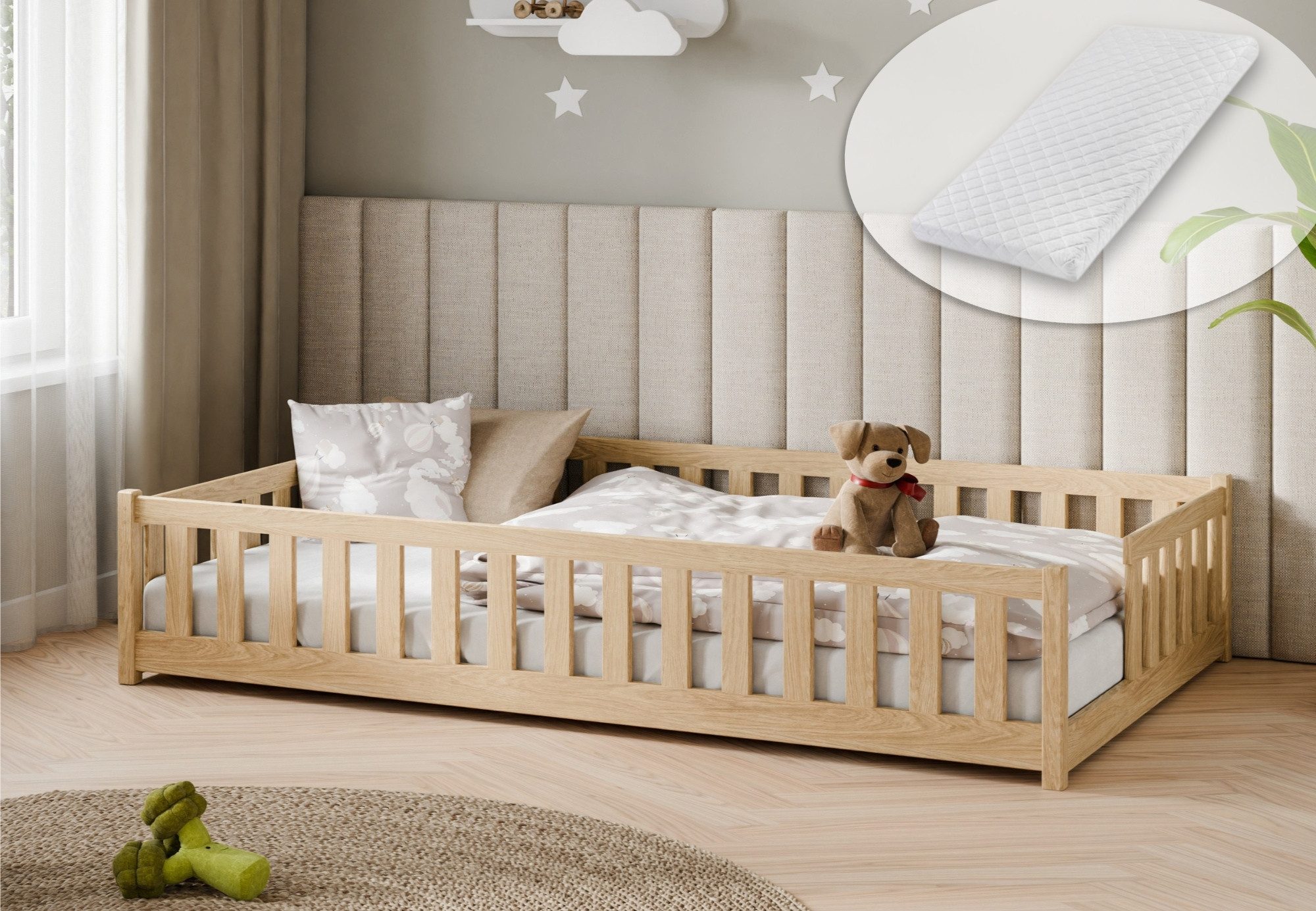 Kids Collective Kinderbett Bodenbett mit Rausfallschutz & Lattenrost Montessori Betten Kinder (Verfügbare Größen: 80 x 160, 80 x 180, 90 x 190, 90 x 200, 120 x 200, 140 x 200 cm), Jugendbett Einzelbett Kiefer mit Matratze Natur 120x200 cm