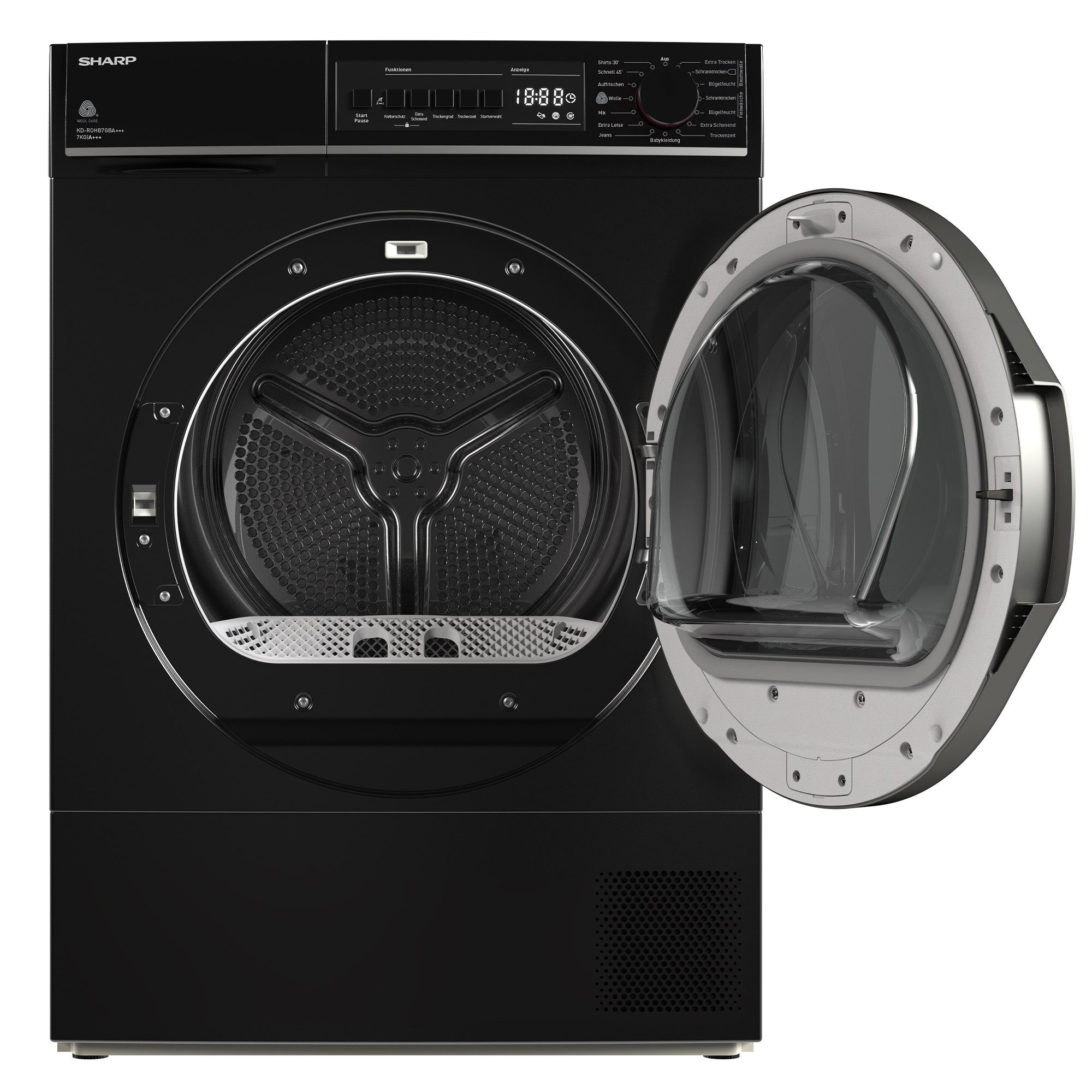 Sharp Wärmepumpentrockner schwarz KD-ROHB7GBA+++-DE, Zwei-Wege-Schleudern, Knitterschutzfunktion, WaveCabinet
