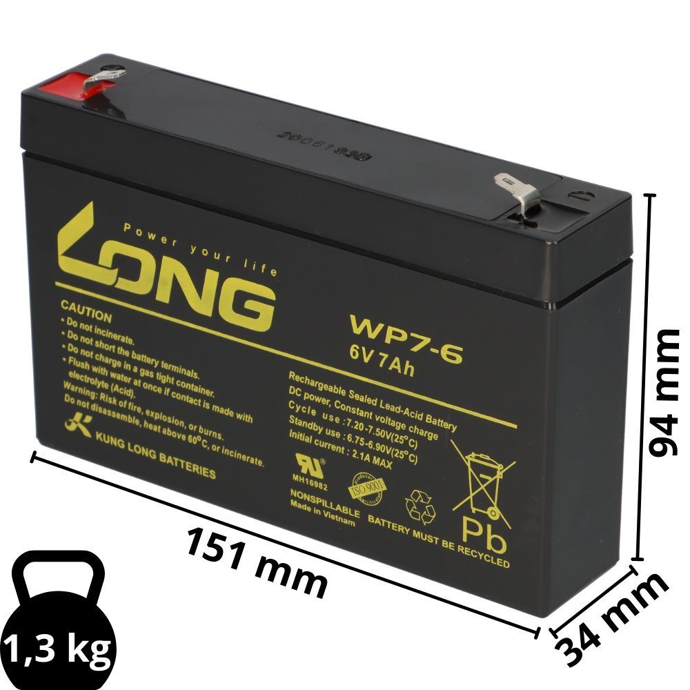 Kung Long Kung Long Akku WP7-6 6V 7Ah AGM Blei Vlies wartungsfrei 6Volt Bleiakkus – Bild 2 von 5
