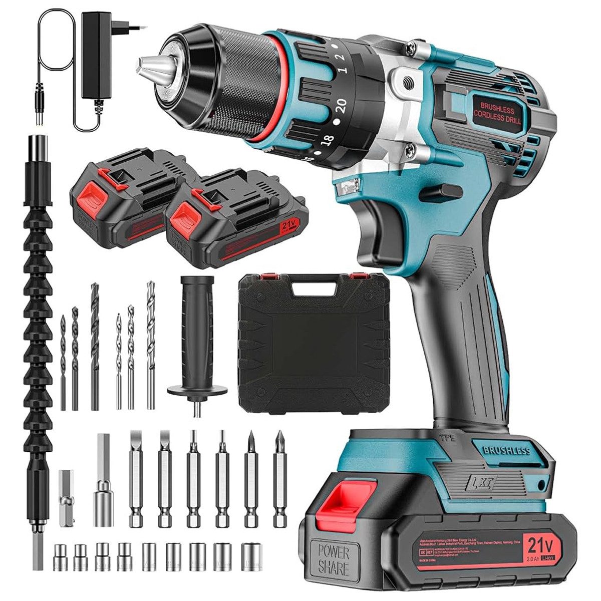 AeroAxis Akku-Bohrschrauber 3 in1, 80 Nm Max, 2x 2000mAh Akkus, 2 Gang, 25+3 Drehmomentstufen, 21 V, max. 3000 U/min, (Set, 61-tlg., mit Koffer & Zubehör), Schlagbohren, Bohren, Schrauben ideal für Handwerk & Renovierung