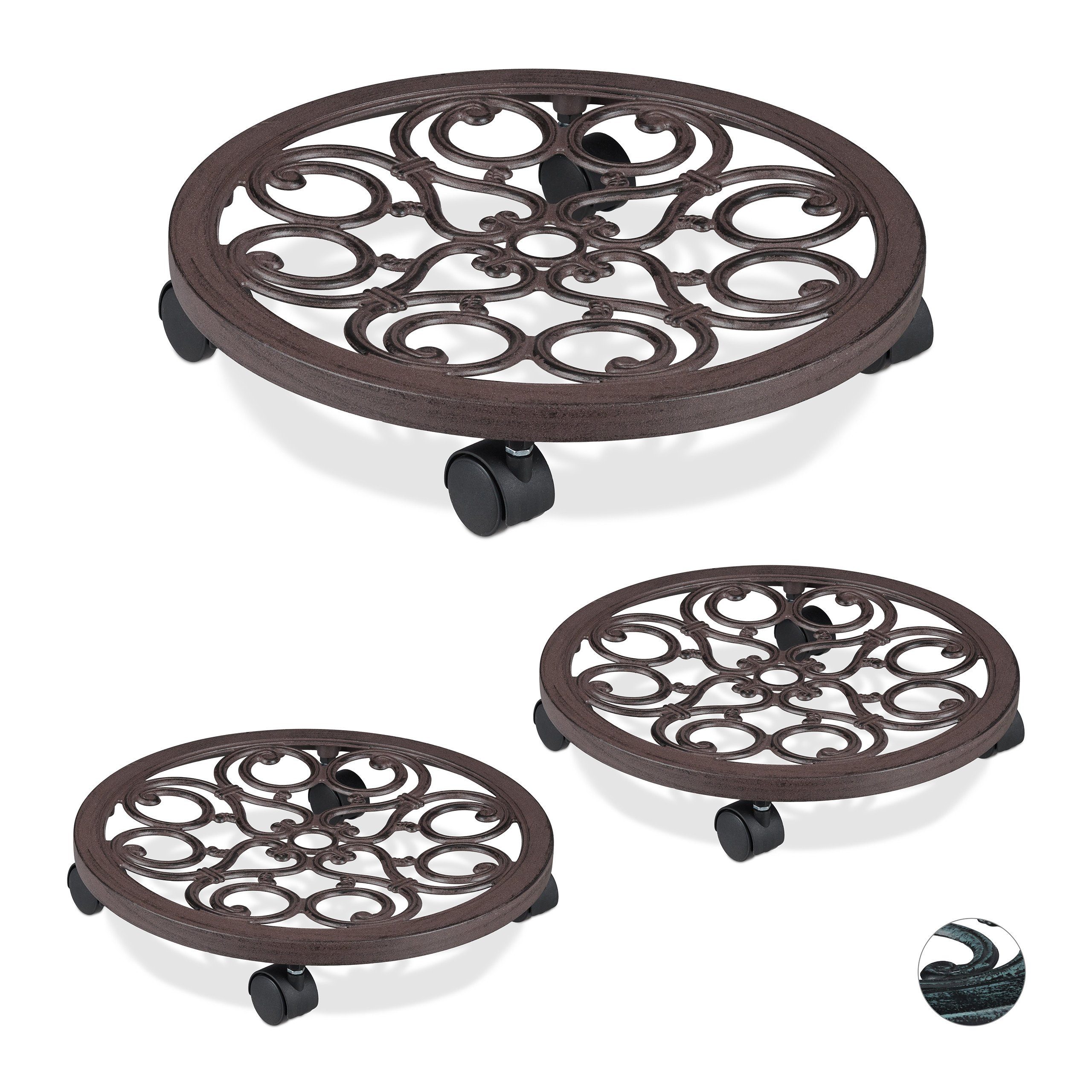 Blumentopfuntersetzer 3 x Pflanzenroller rund antik braun