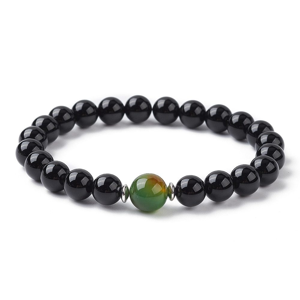 Armband Onyx & Pfauenachat Armband Naturstein Perlenarmband Stretch Schwarz