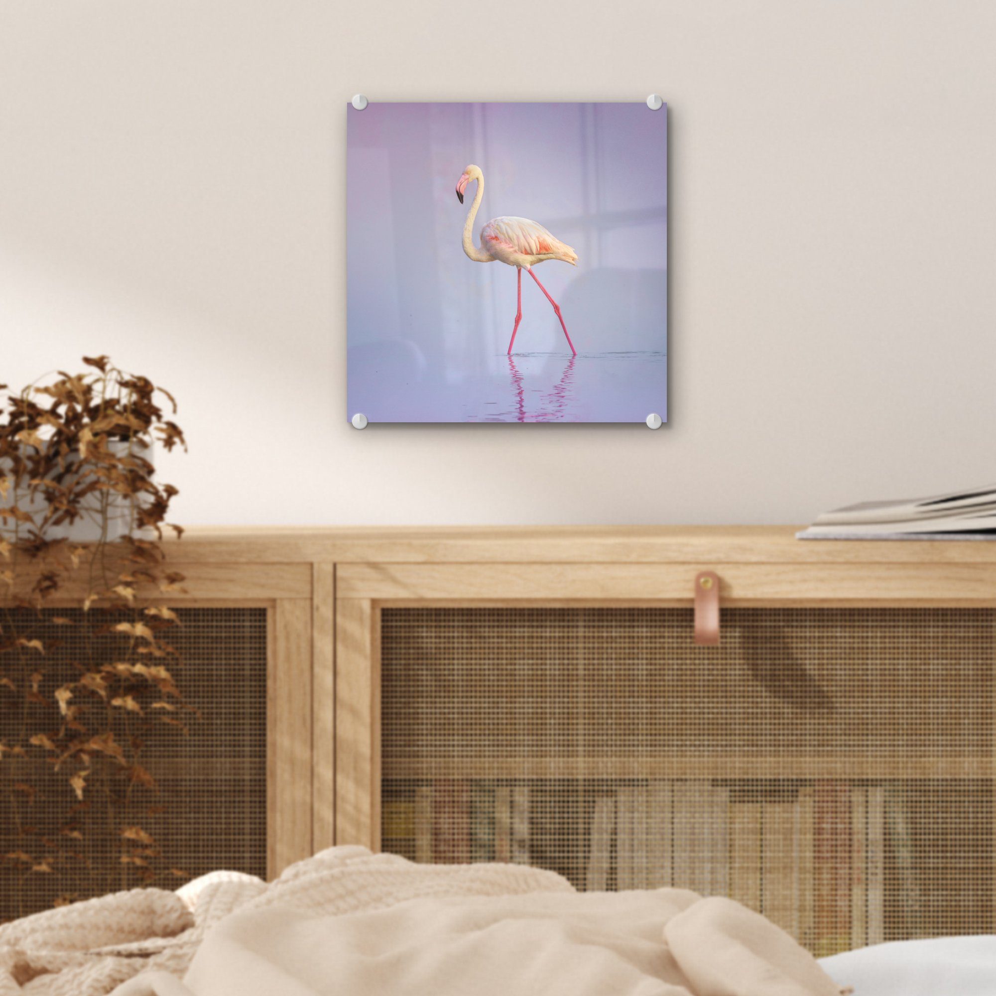 - Acrylglasbild - Flamingo - Wasser Glas Wanddekoration auf (1 - Glas auf Glasbilder Foto St), MuchoWow Rosa, Bilder - Wandbild