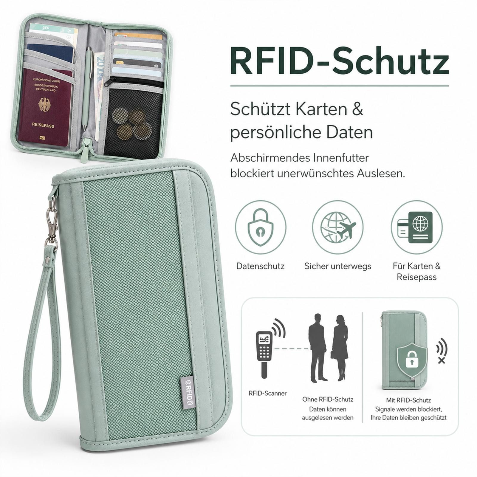 VERCO Dokumententasche RFID Schutz Reisepasshülle mit Kartenfächern, Reisebrieftasche mit Münzfach Handschlaufe Stifthalter Organizer
