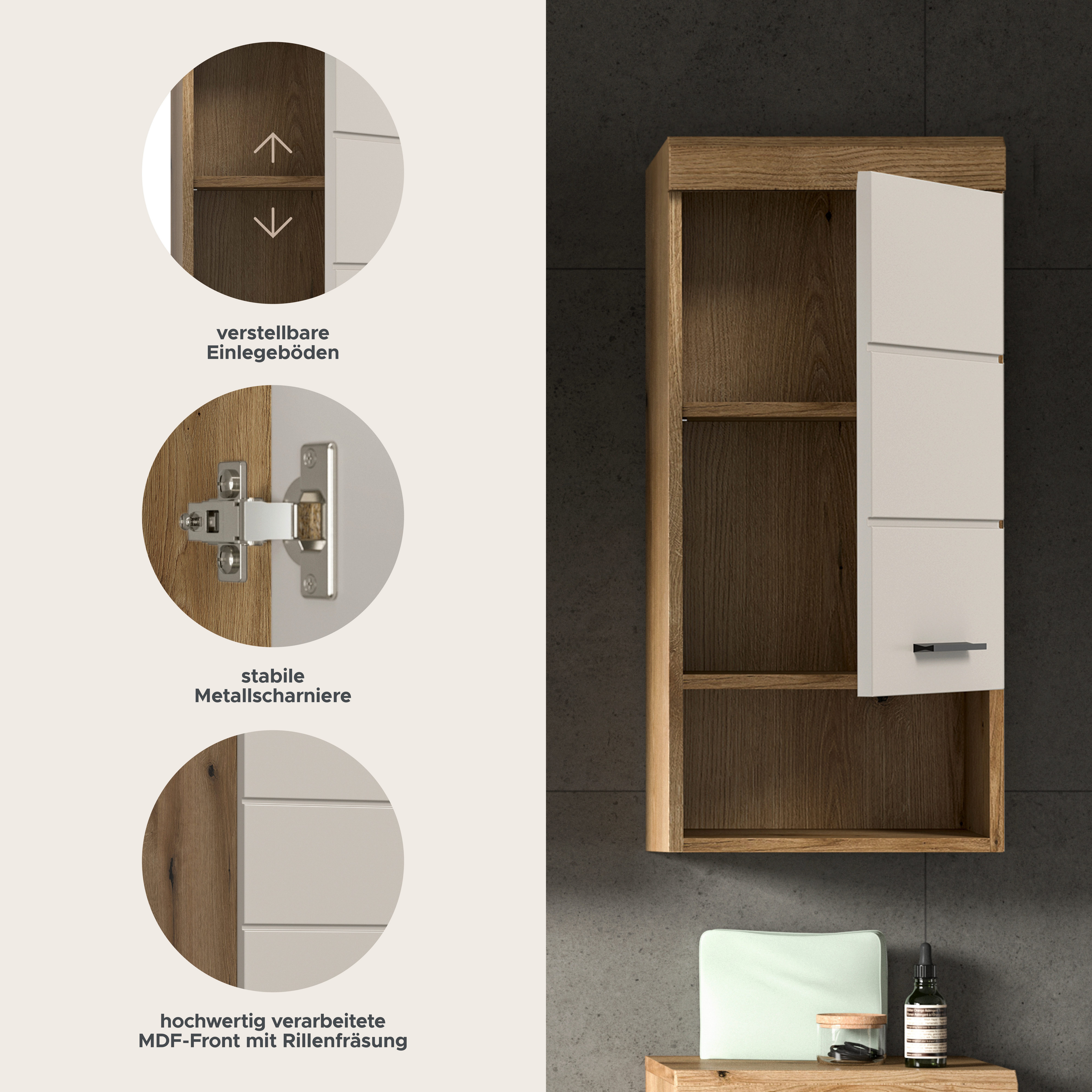 furnling Hängeschrank Scott 1 Tür, 1 offenes Fach, Badmöbel, Badschrank, Breite 37 cm