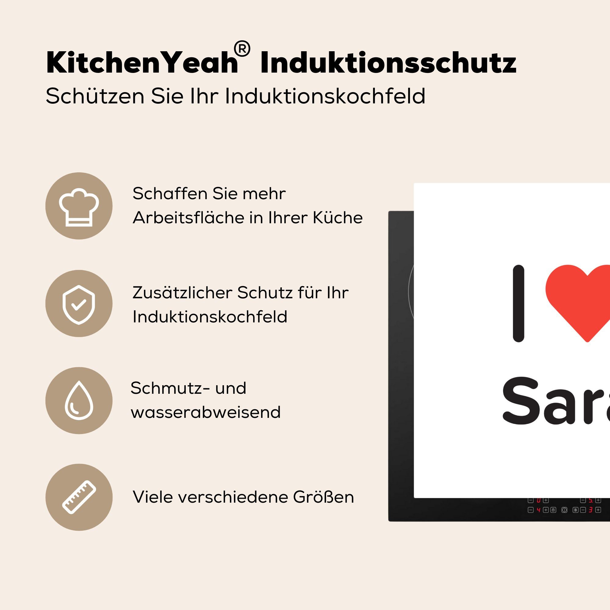 Mädchen, Ich Sara Arbeitsplatte liebe Herdblende-/Abdeckplatte für 78x78 (1 tlg), - MuchoWow - Vinyl, küche Ceranfeldabdeckung, cm,