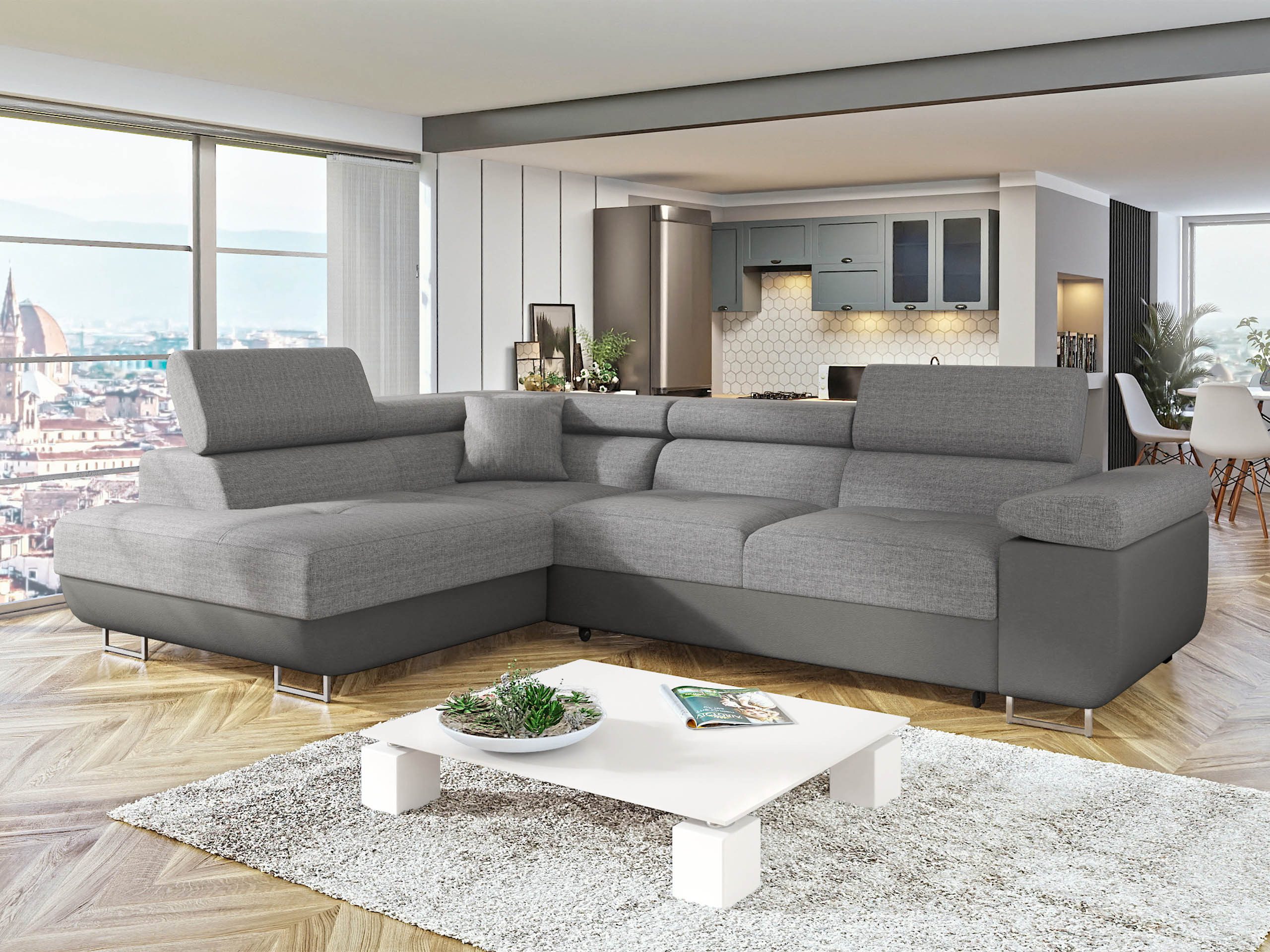 MIRJAN24 Ecksofa Torezio, mit Bettkasten und Schlaffunktion, Einstellbare Kopfstützen, 274x203x70-90 cm