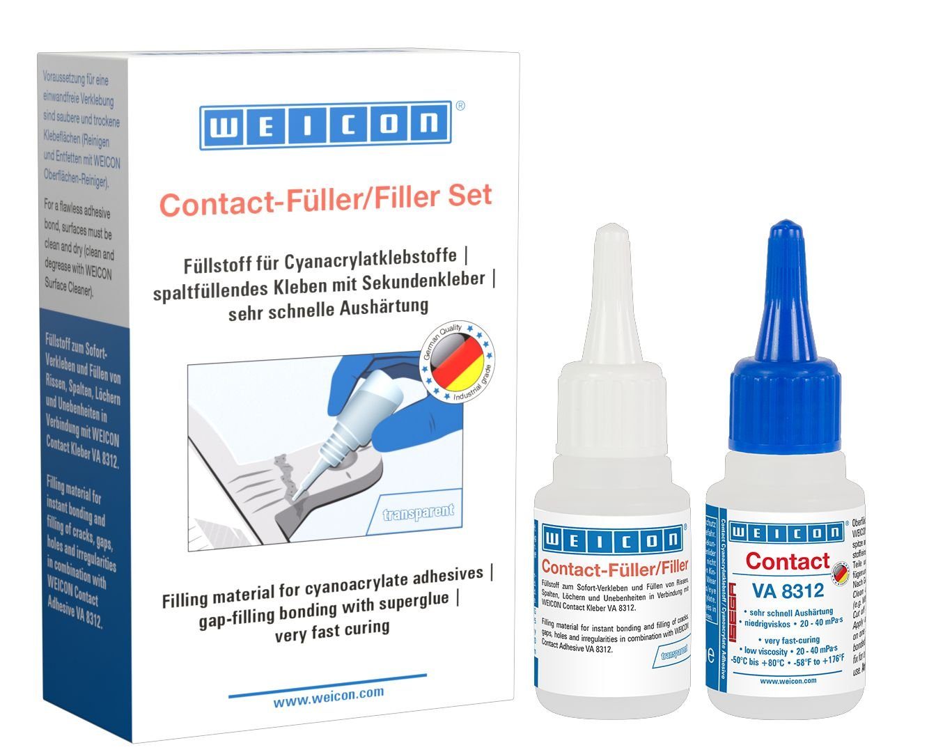 WEICON Klebstoff WEICON Contact-Füller Set, Spezialfüllstoff + Contact VA 8312, (Set), zum Sofort-Verkleben & Füllen von Rissen, Spalten, Löchern