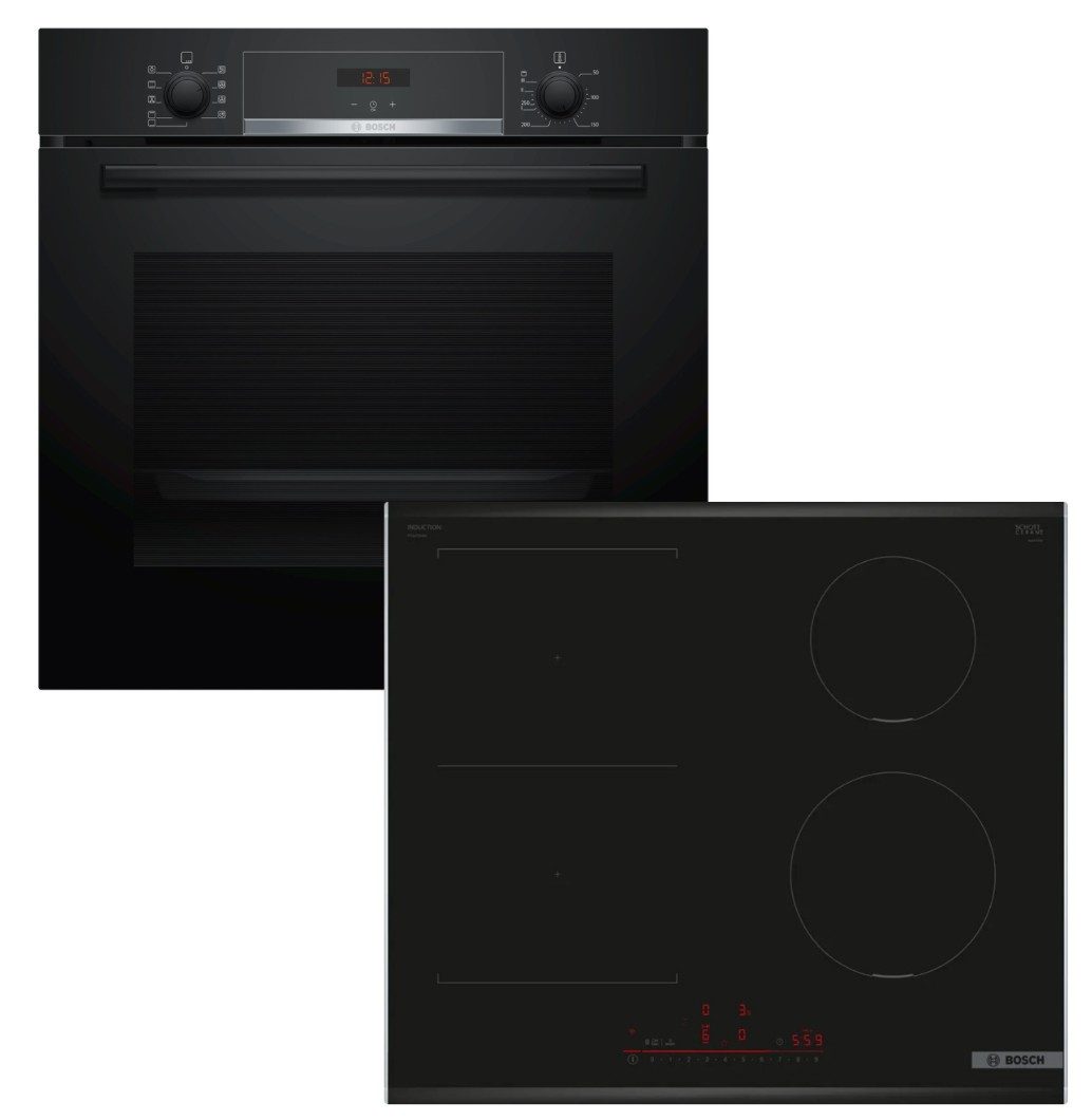 BOSCH Backofen-Set Backofen Teleskopauszug Hydrolyse+ Induktionskochfeld CombiZone Boost, mit 1-fach Teilauszug, Hydrolyse EcoClean Direct
