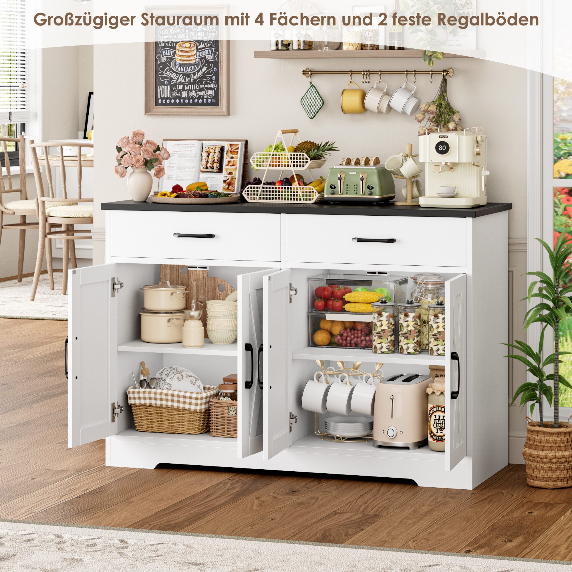 HOMECHO Buffet 120cm Breit Küchenschrank mit Arbeitsplatten, 2 Schubladen, 4 Türen – Bild 4 von 5