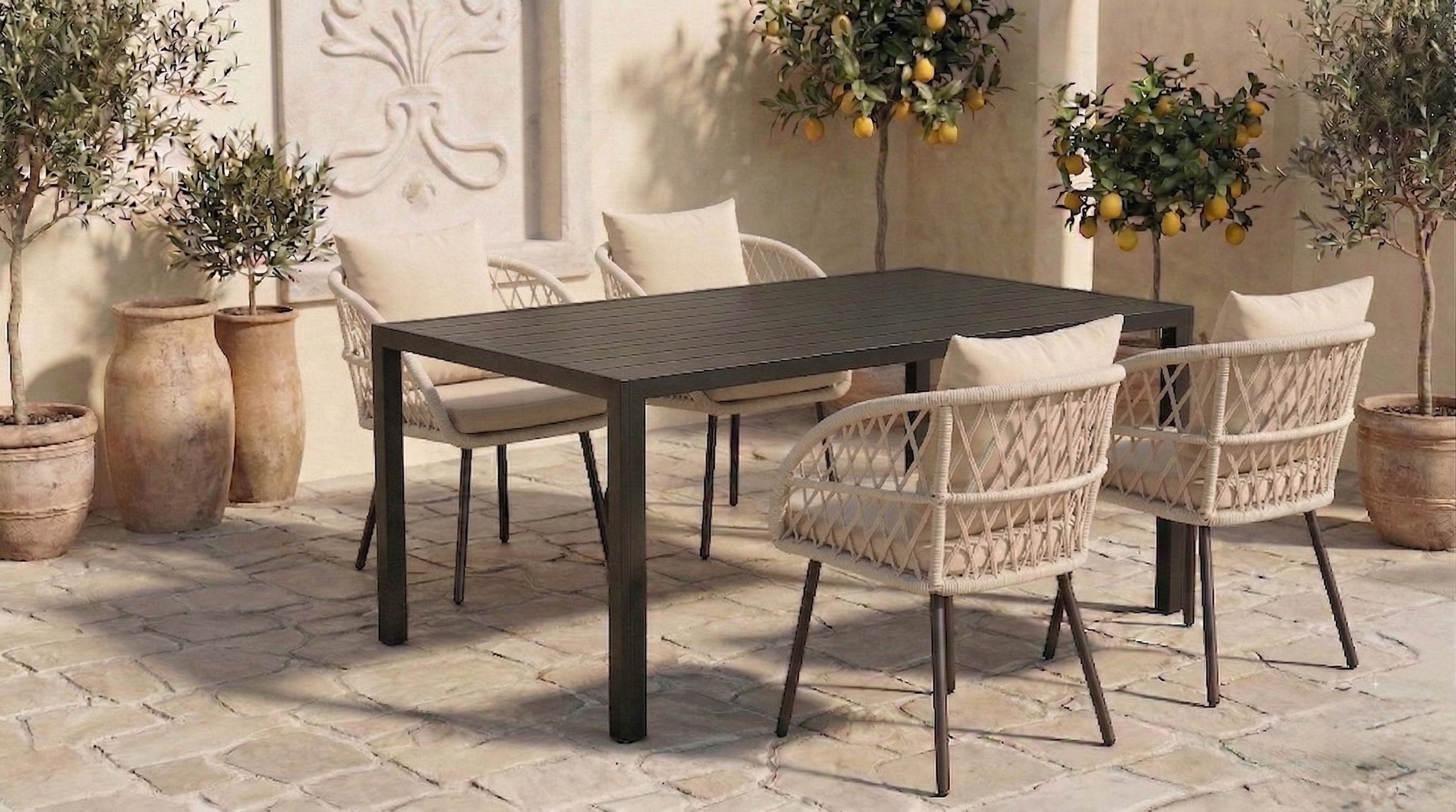 MCW Garten-Essgruppe Essgruppe Garten Alu Essgruppe Set Tisch mit 4 / 6 Geflecht Stühlen, (5-tlg)