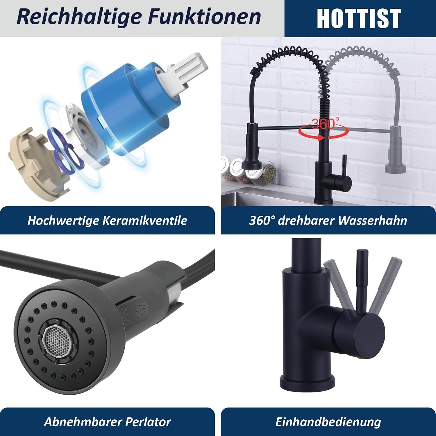 Athlix Küchenarmatur Wasserhahn Küche Schwarz, Hochdruck Küchenarmatur mit Brause Standard G3/8 Anschluss, 360° schwenkbar, Edelstahl – Bild 3 von 5