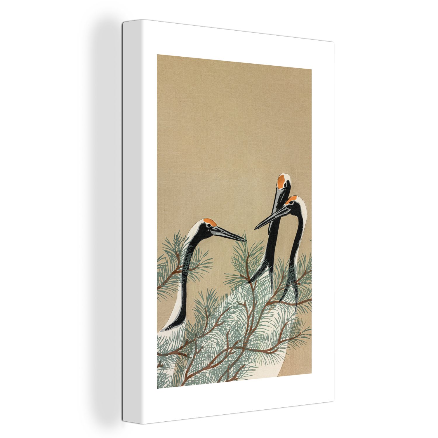 Japandi 20x30 fertig Blätter bespannt Leinwandbild - Zweig, Gemälde, (1 cm Leinwandbild OneMillionCanvasses® - inkl. Zackenaufhänger, Kranich - St),