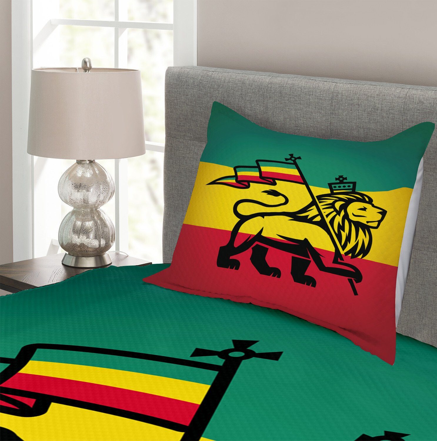 Abakuhaus, Flagge Lion Set Waschbar, Rastafari Judah mit Rasta Kissenbezügen Tagesdecke