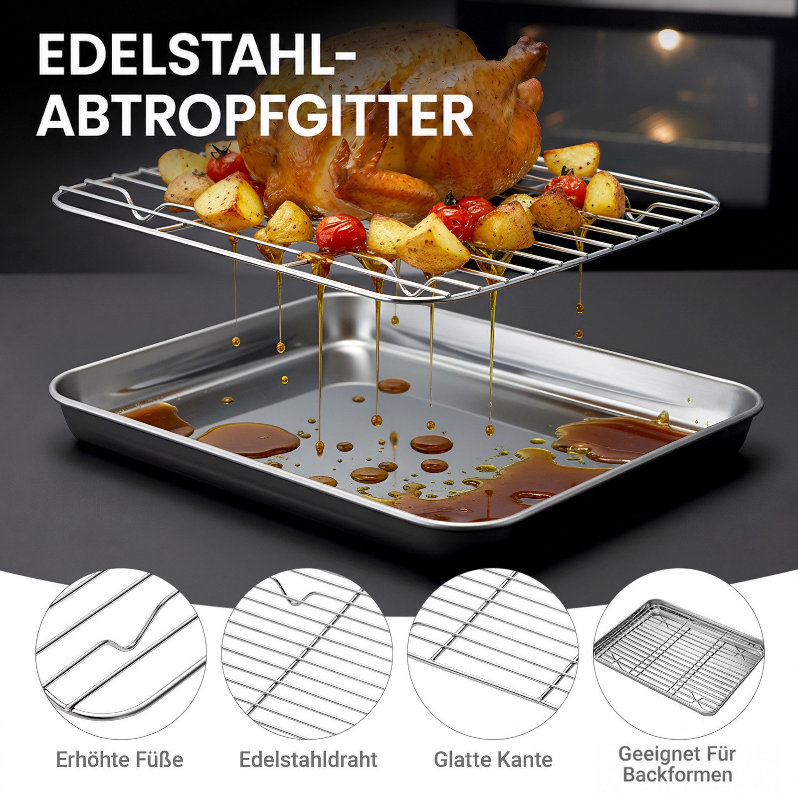 Youyijia Backblech 3er Set Edelstahl Backblech mit Rost Backofenblech – Bild 2 von 5