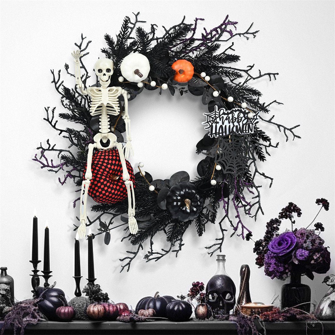 Kunstgirlande Halloween Skull Bone Wreath Hanging, Party Dress Up Door Hanging, DÖRÖY