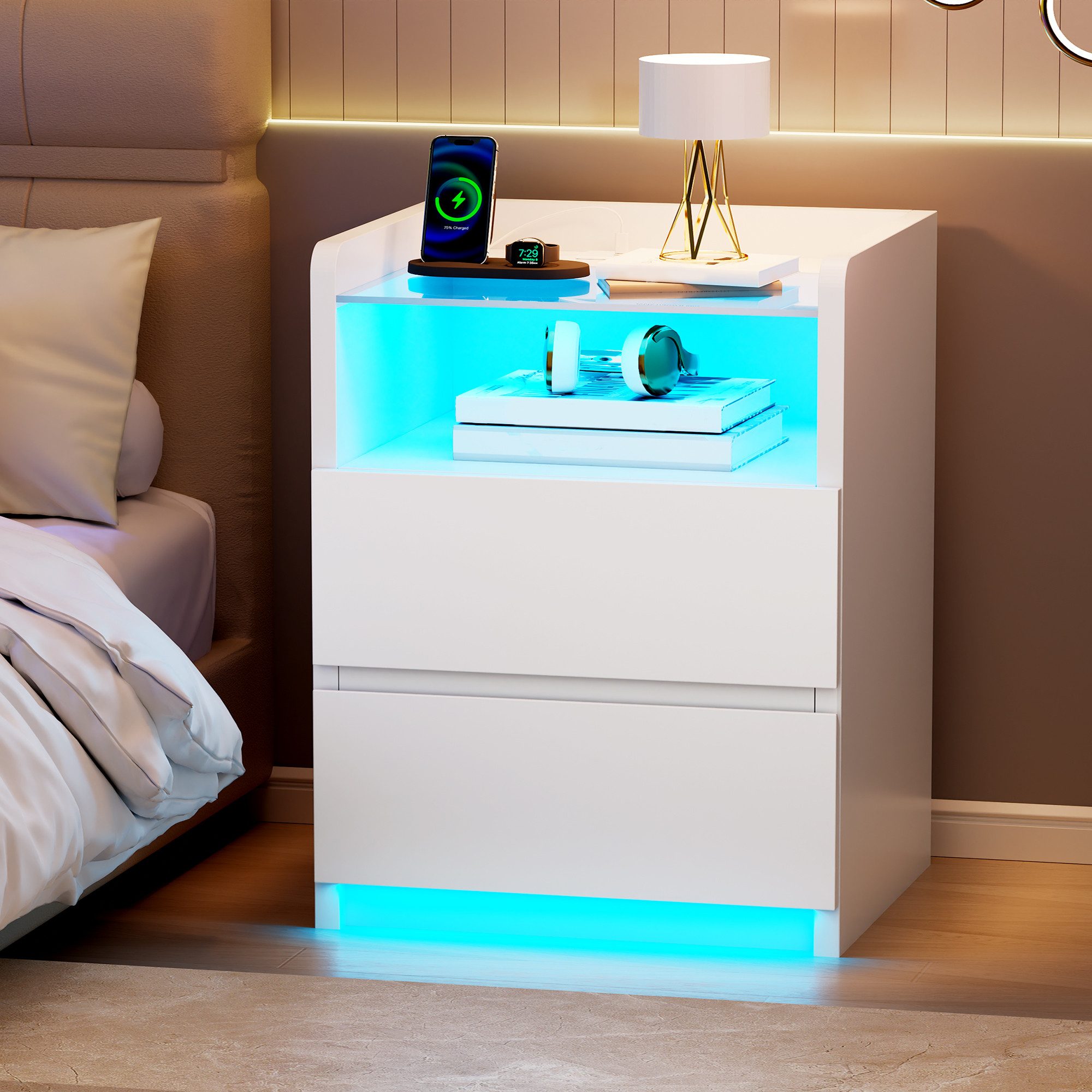 BEWISHOME Nachttisch 2er Set mit RGB-LED-Beleuchtung und Ladestation, 40x35x60 cm (2-St), Gehärtete Glasplatte, 2 Schubladen & Offenes Fach – Bild 5 von 5