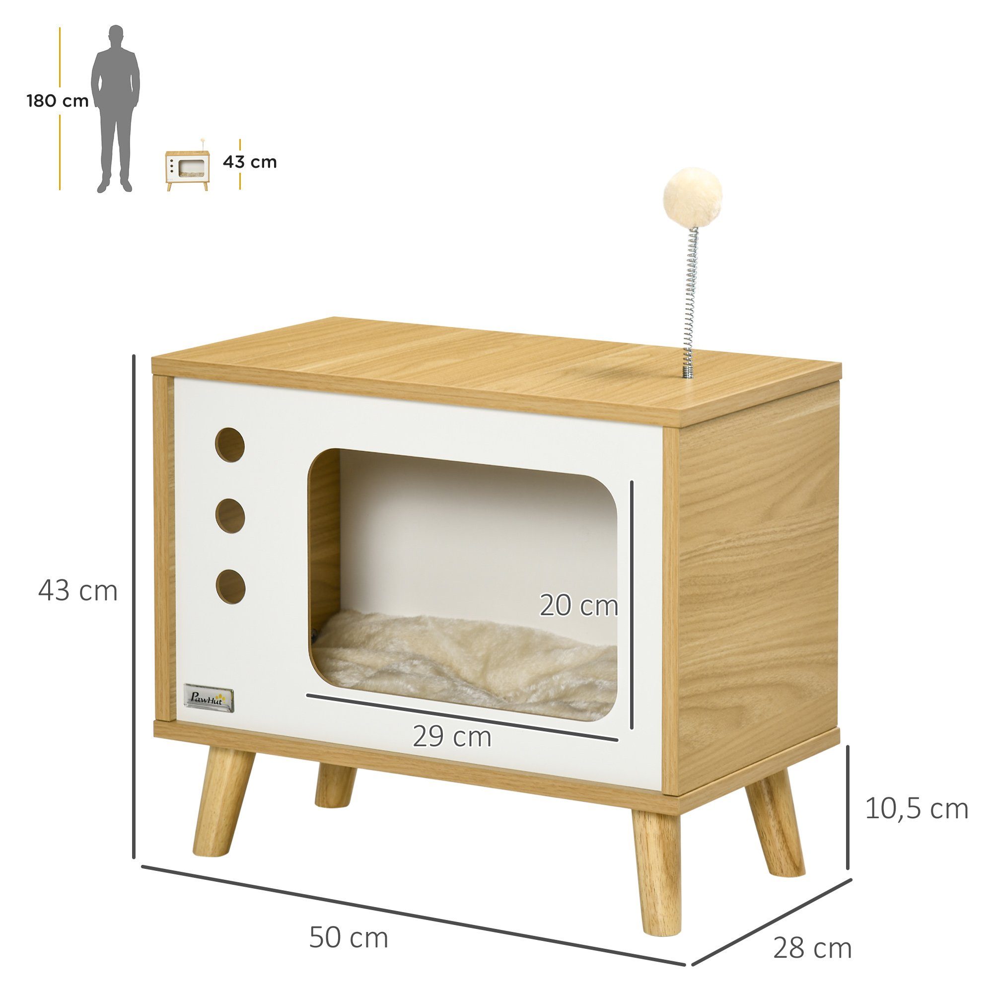 PawHut Tierhaus imTV-Design inkl. Spielzeug, waschbares Kissen, Eiche+Beige+Weiß, 50B x 28T x 43H cm