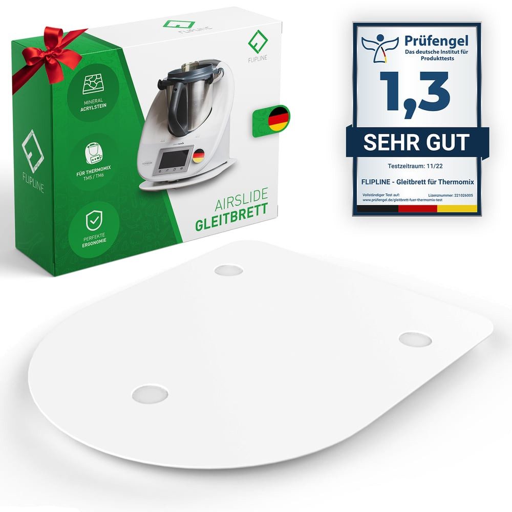 FLIPLINE® Küchenmaschinen Zubehör-Set Gleitbrett für Thermomix TM6 / TM5 Weiß, aus Mineral-Acrylstein, Rollbrett Thermomix