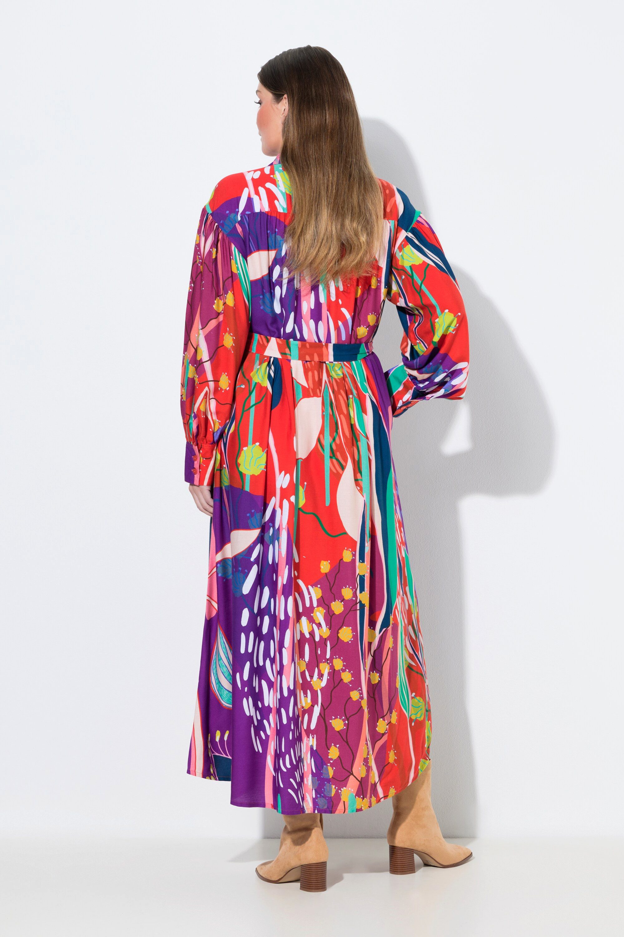 Ulla Popken Maxikleid Maxikleid Landhausdruck Hemdkragen Ballon-Langarm