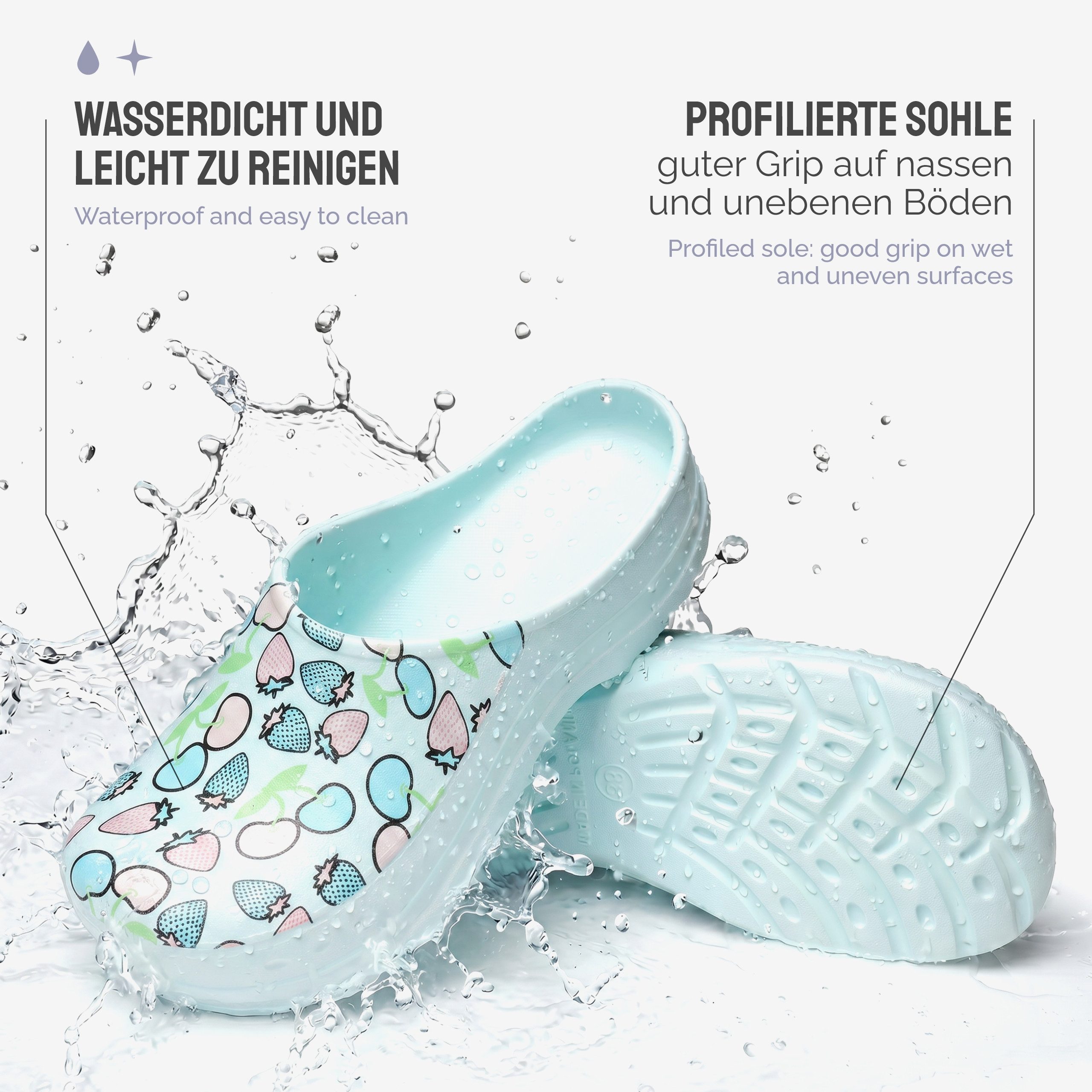 Ladeheid Gartenclogs für Damen Ultraleicht EVA Gemustert Gartenschuhe LA-CA-27 Clog (38 EU, Aquablau/Fruchtmotiv2) Wasserdicht & Flexibel
