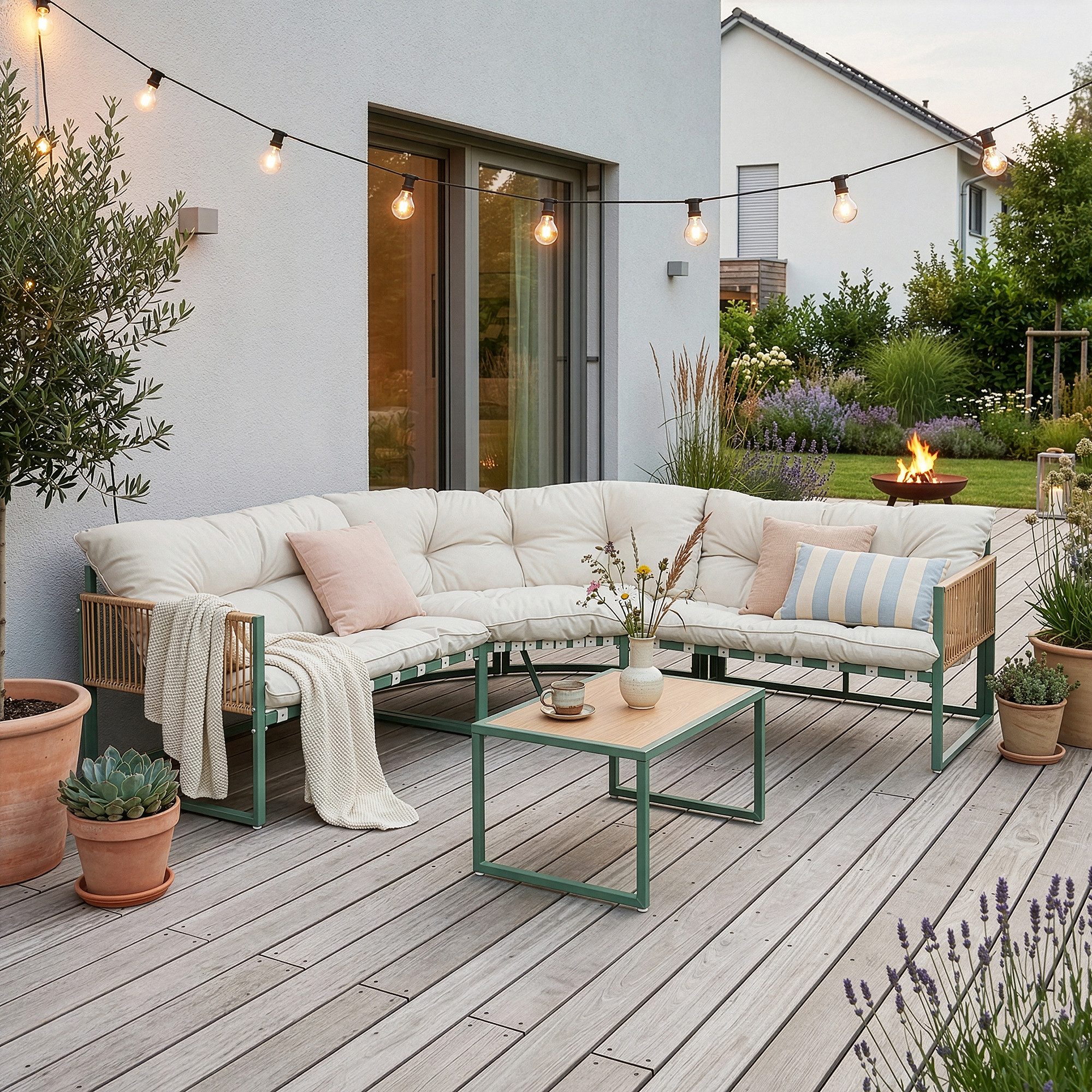 casa.pro Loungeset, (Set, 4-tlg), »Karg« Sofa mit Couchtisch Kissen Grün/Beige