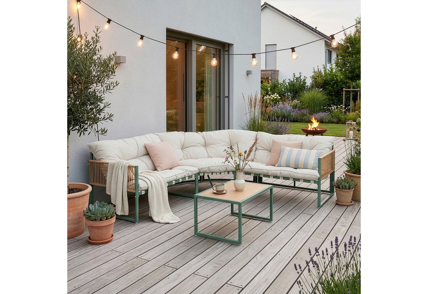 casa.pro Loungeset, (Set, 4-tlg), »Karg« Sofa mit Couchtisch Kissen Grün/Beige
