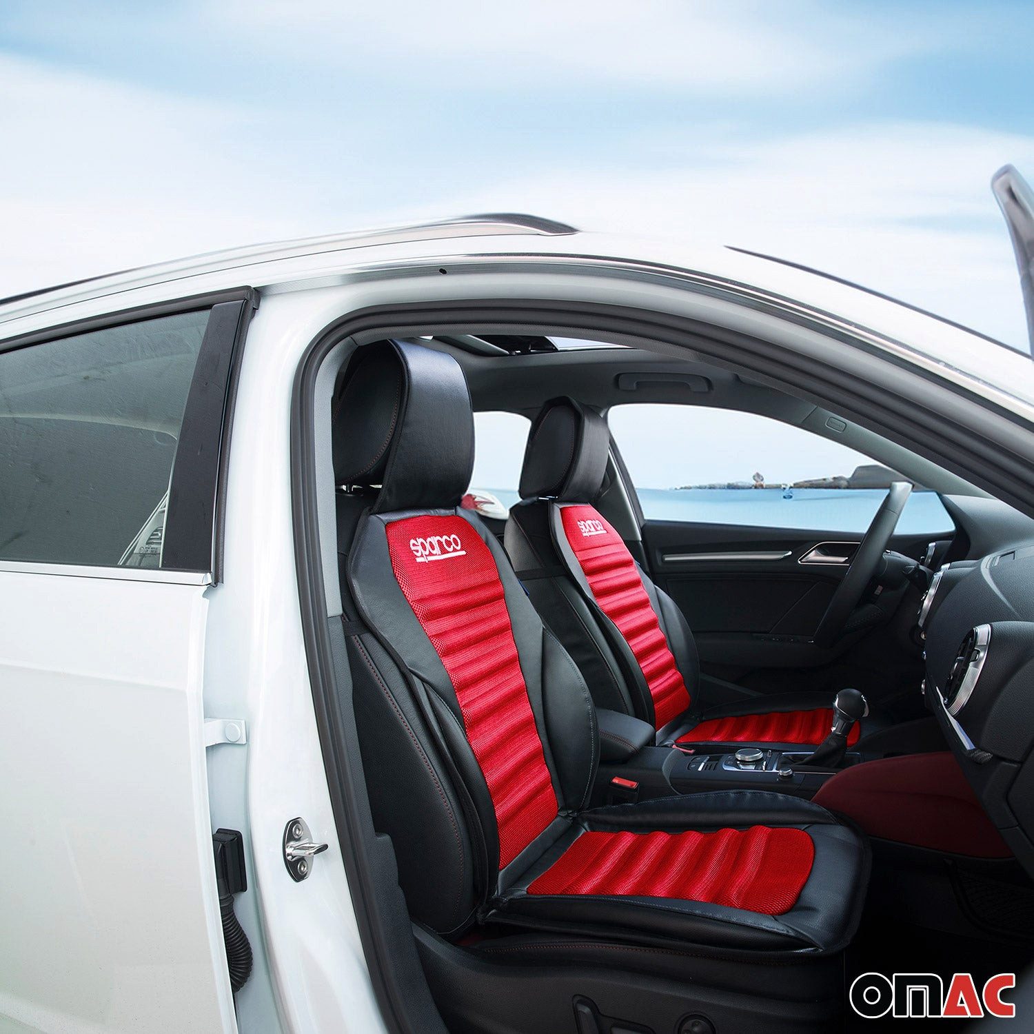 OMAC Autositzbezug SPARCO Sitzkissen Sitzauflage Universell Auto Sitzschutz Schwarz Rot, Atmungsaktiv, sportliches Aussehen, ergonomisch