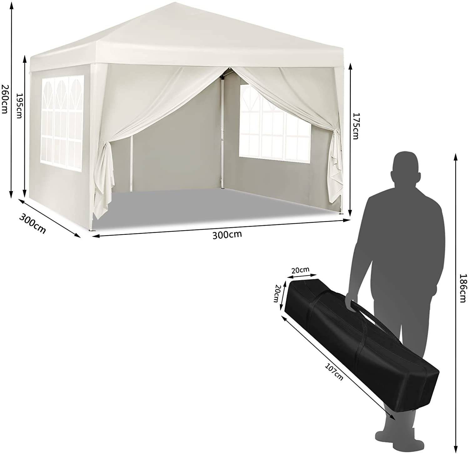 Woltu Faltpavillon, mit 4 Seitenteilen, aus Oxford Metallrahmen 3x3 m