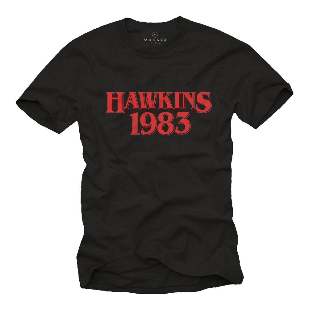 MAKAYA Print-Shirt Herren Aufdruck Hawkins 1983 Strager Motiv 011 Elfie Dustin mit Druck, aus Baumwolle