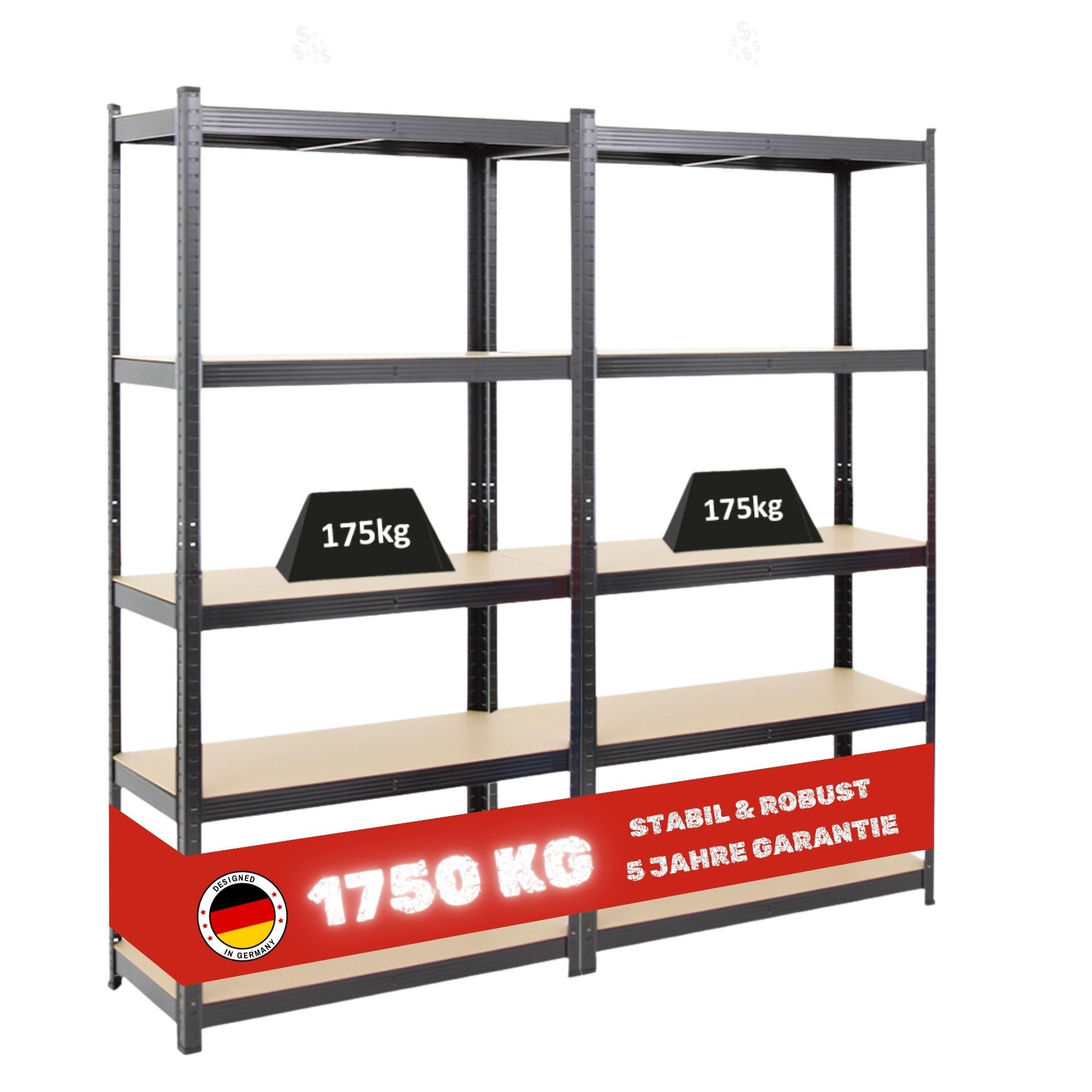 PROREGAL® Schwerlastregal MegaDeal Steckregal Kellerregal GORILLA mit 5 Fachböden Fachlast 175kg, Garagenregal Werkstattregal Lagerregal Lastenregal mit 5 MDF-Fachböden