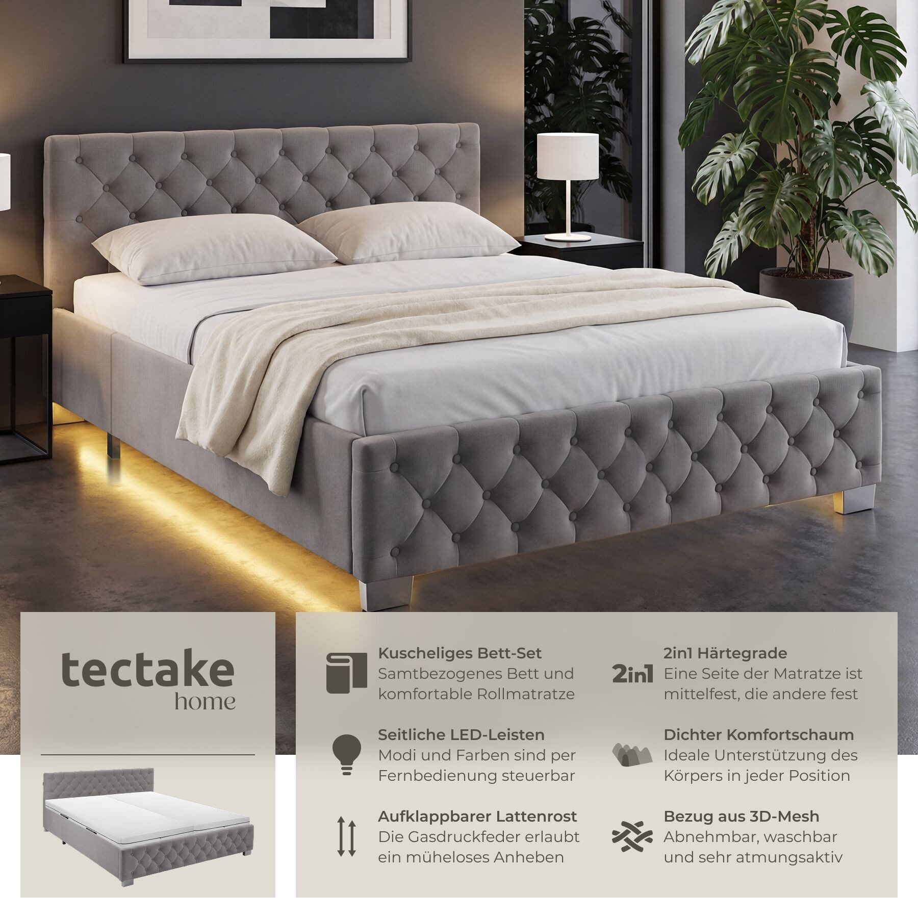 tectake Polsterbett Komfortbett mit LED-Leisten & Stauraum - Samtoptik mit Steppmuster (Bettset mit Matratze, in Dunkelgrau), Matratze mit Komfortschaumkern (wa – Bild 2 von 5