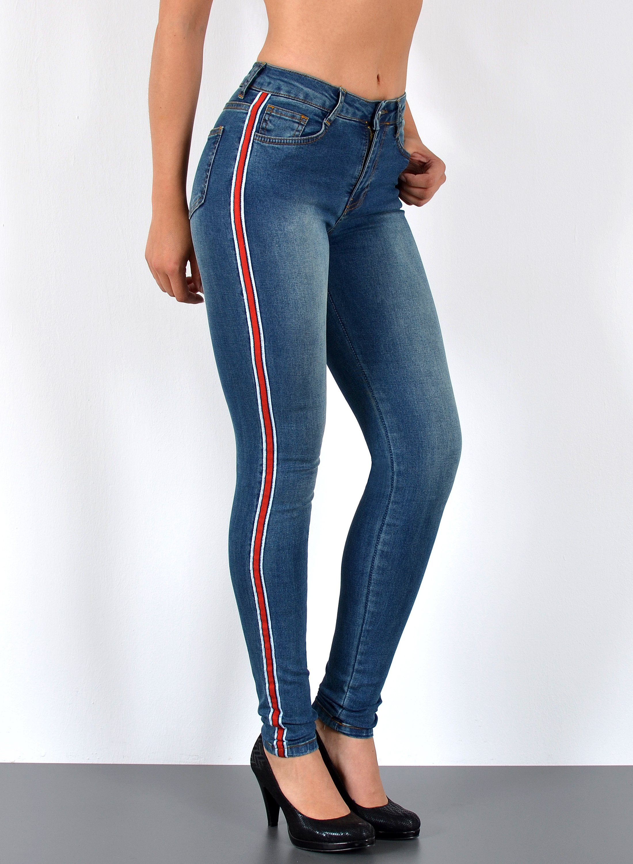 ESRA Skinny-fit-Jeans Damen High Waist Skinny Jeans mit Streifen bis Große Größe J330 Skinny Jeans Damen High Waist mit Seitenstreifen Galonstreifen Hose