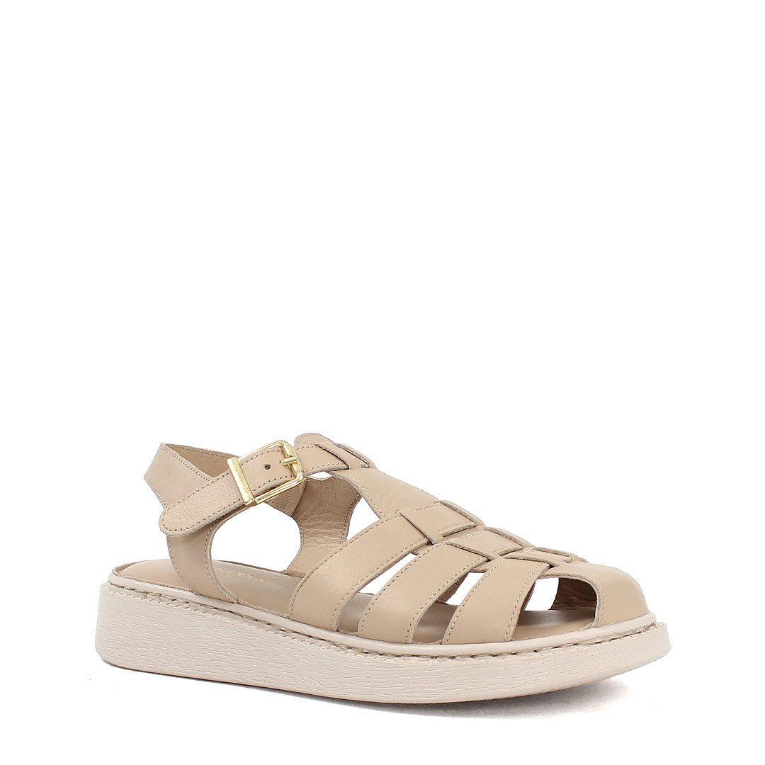 Celal Gültekin Plateau Fisherman Riemchen Flach Retro Damen Römersandale Glattleder, Echtleder-Futter & Decksohle, Beige, 37