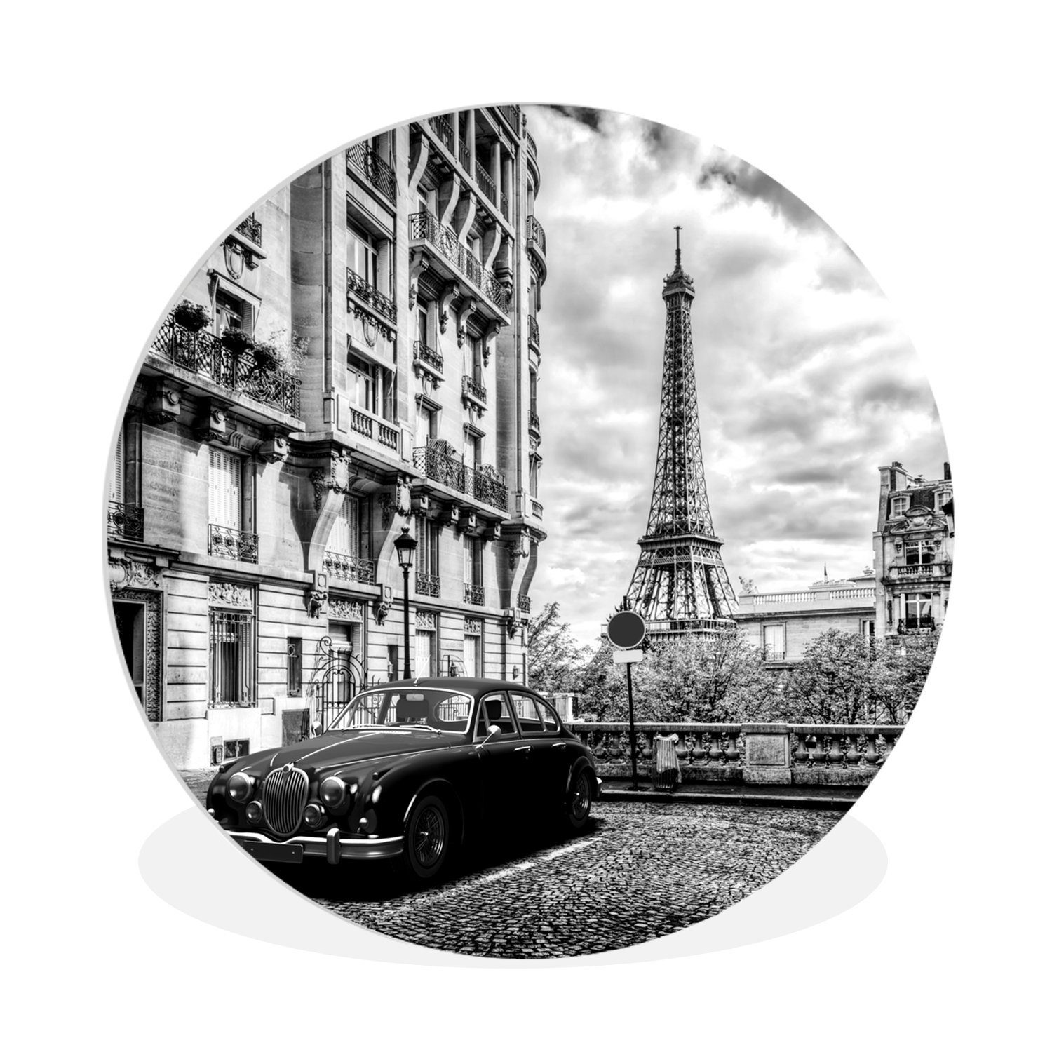 MuchoWow Gemälde Quadratisches Foto des Eiffelturms in Paris - schwarz-weiß, (1 St), Kreis Wanddekoration Forex, Rundes Wandbild, Wohnzimmer, 30x30 cm