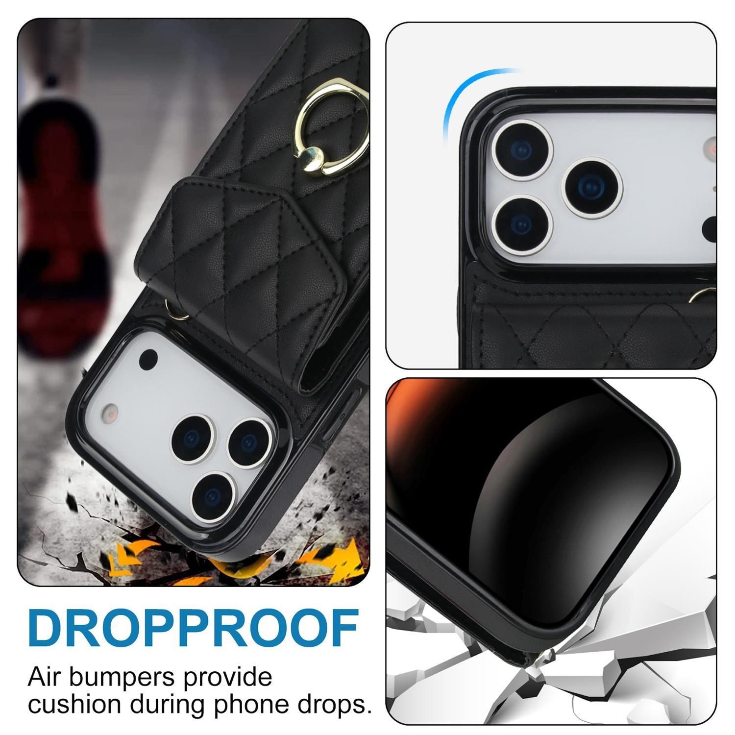Wigento Handyhülle Für Apple iPhone 17 Pro Crossbody Kunstleder Rhombic Hülle Schwarz, Mit Kartenfächern, RFID-Schutz, Gurt
