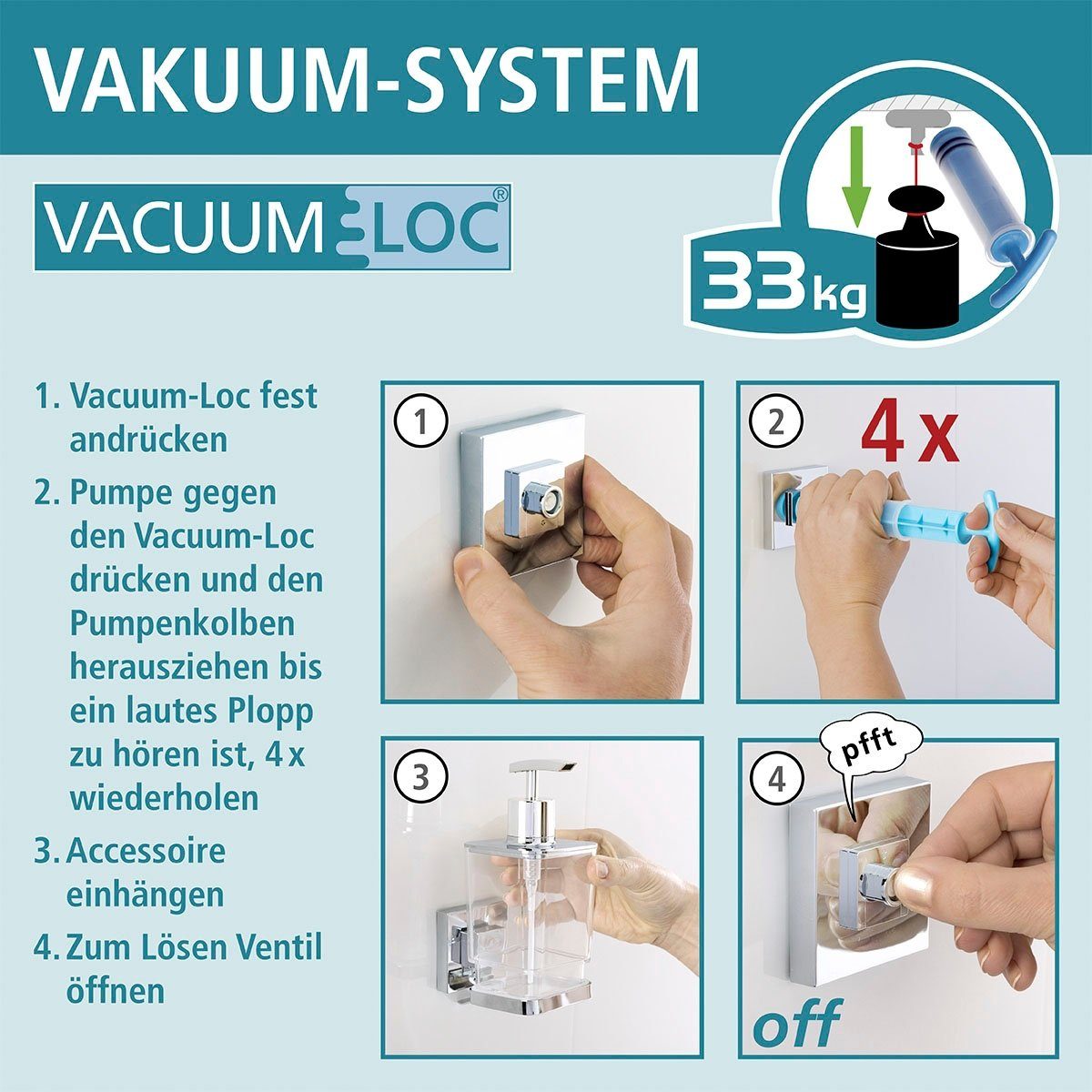 WENKO Duschablage Werkzeug das Vacuum-Loc angebracht Vakuum-System, 1 ohne und Quadro, ohne wird Einzigartiges Etage, bohren