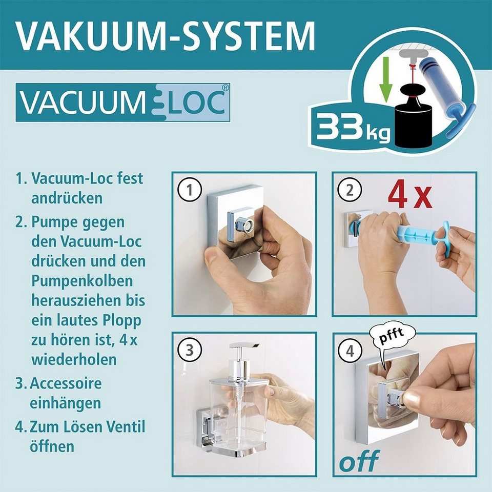 WENKO Duschablage Vacuum-Loc Quadro, 1 Etage, Einzigartiges Vakuum-System,  das ohne bohren und ohne Werkzeug angebracht wird
